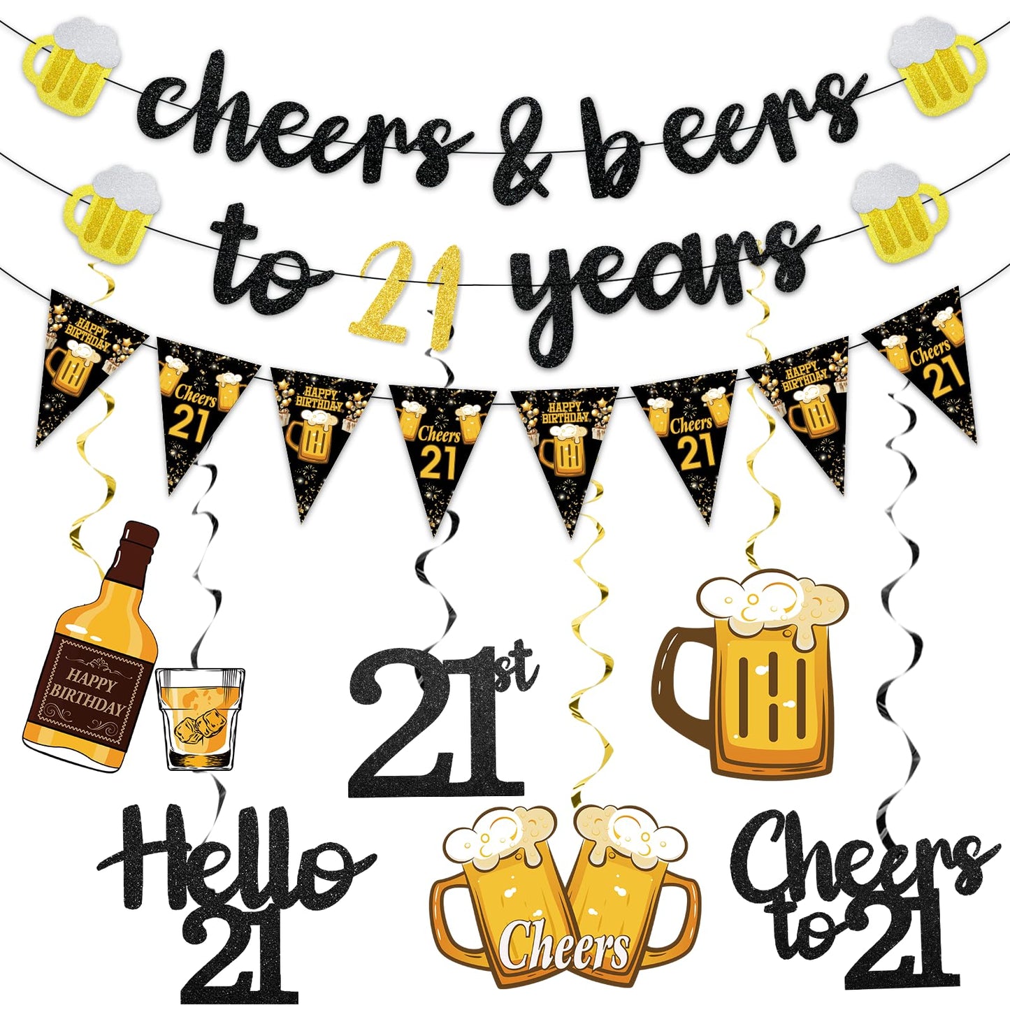 Black Gold 90th Birthday Decorations for Men Women, Glitter Pre-Strung Cheers to 90 Years Banner Hello 90 Hanging Swirls Paper Triangle Flag Banner Decorations Bday Party Supplies Kit WN420
