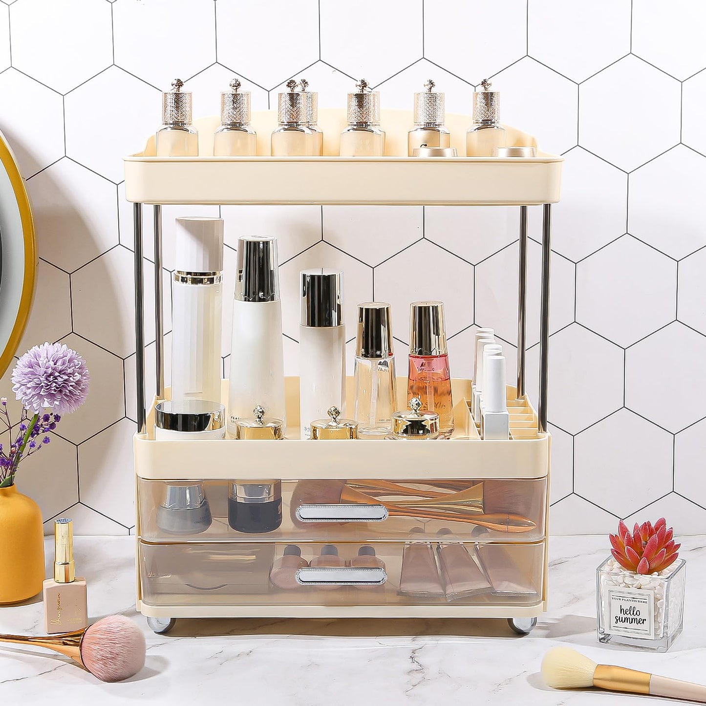 DASITON 4 Tiers Makeup Organizer, 2 Drawers Large Cosmetic Organizers for Vanity Bathroom Countertop, Bathroom Organizers and Storage for Skincare, Cosmetic, Perfume, Dresser Organizer (Cream+Clear) BST220