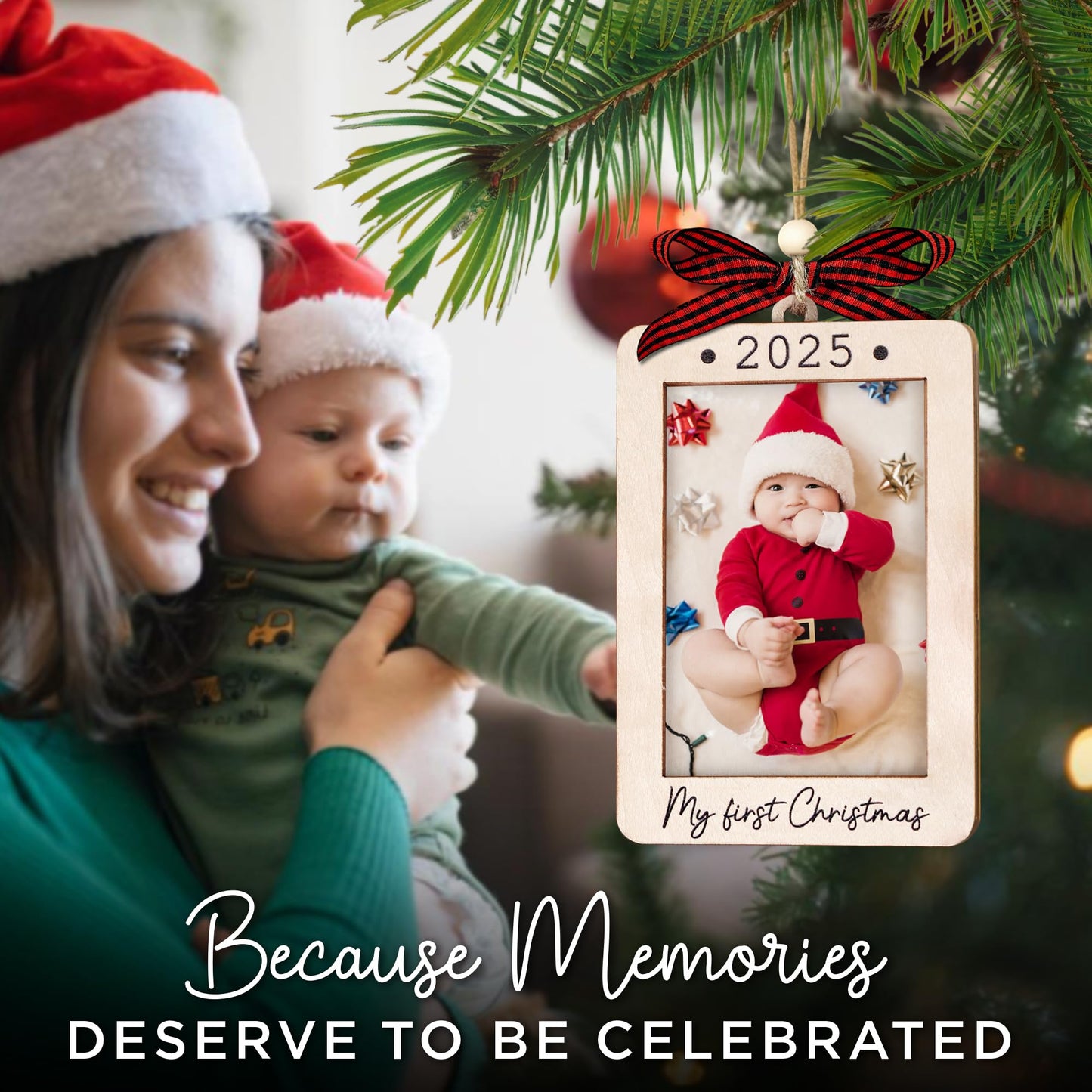 Hangwoous Baby's First Christmas Photo Frame Ornament 2025 | Wooden portrait frame keepsake, first Christmas photo gift for baby BST202