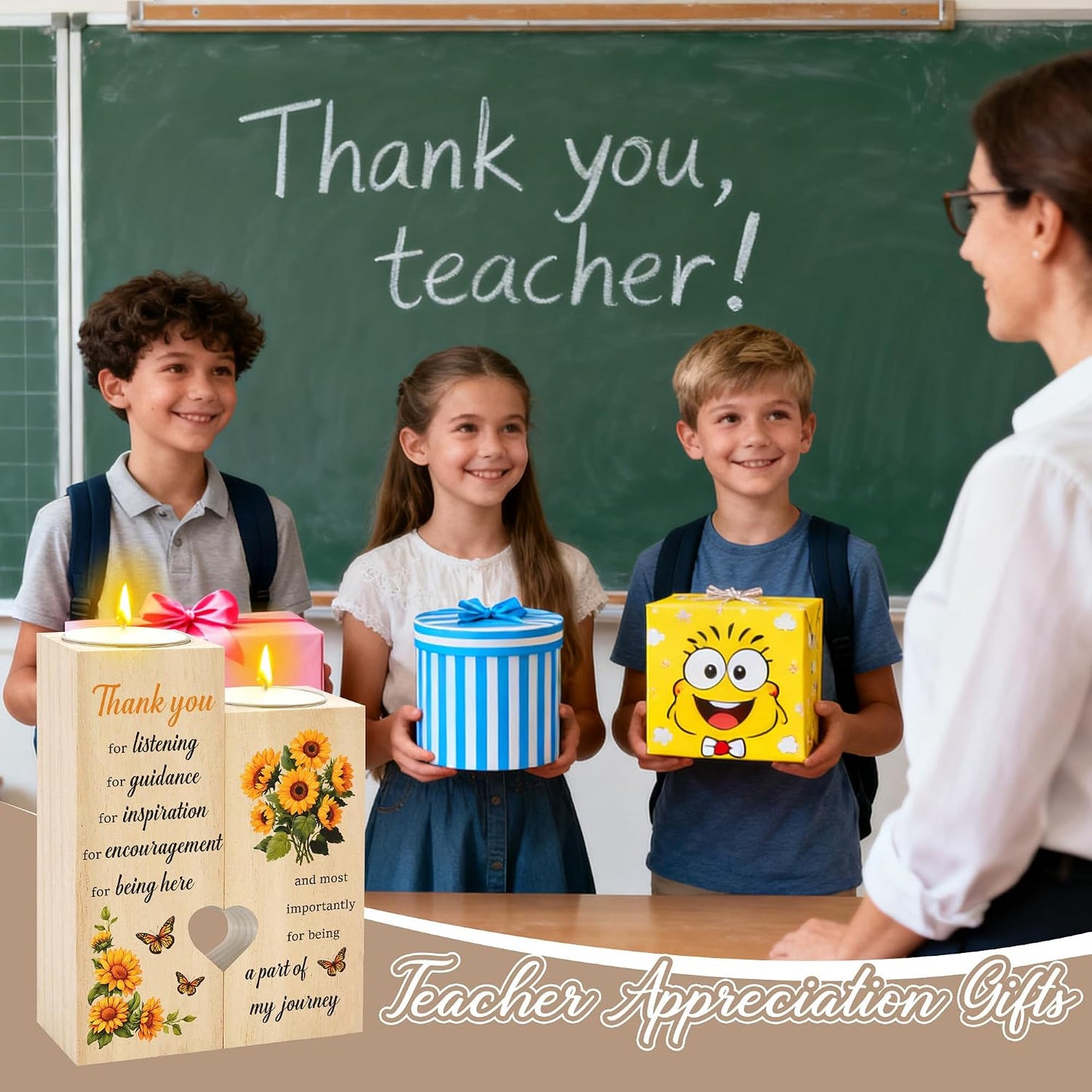 Thank You Gifts for Women Appreciation Gifts for Teacher Friends Coworker Sunflower Wooden Candle Holder Candlestick End of Year Teachers Week for Teachers Nurse Instructor BST220
