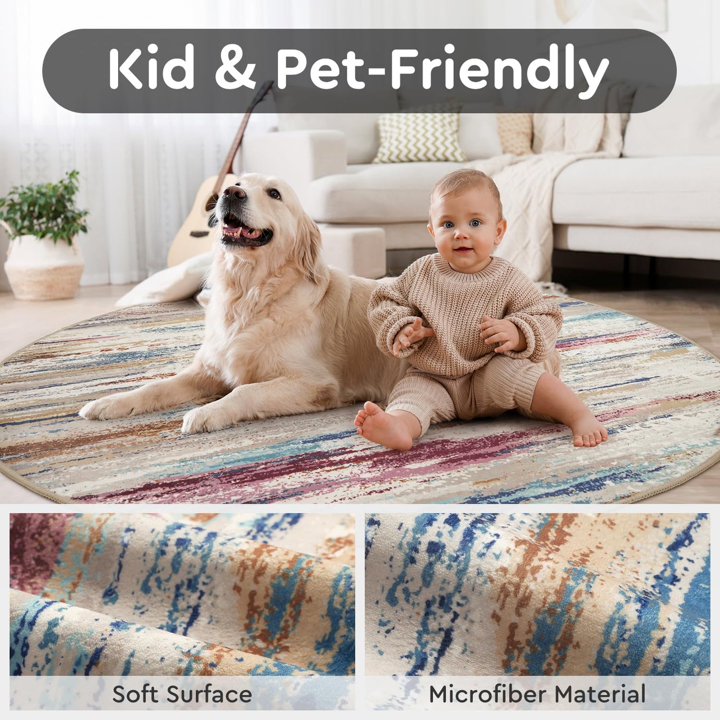 tchdio Round Rug 5FT Colorful Modern Abstract Circle Rug for Bedroom Non Slip Soft Circular Rug Carpet Washable Round Area Rug, Multi Color, 5FT BST220