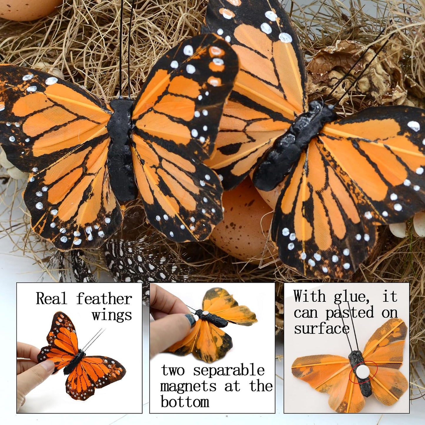 12pcs Monarch Butterflies Monarch Butterfly Decorations Kit with Magnet for Dia de Los Muertos Decorations Halloween Decorative Butterflies Handmade Feather Butterfly - 4 inch KP05M BST220