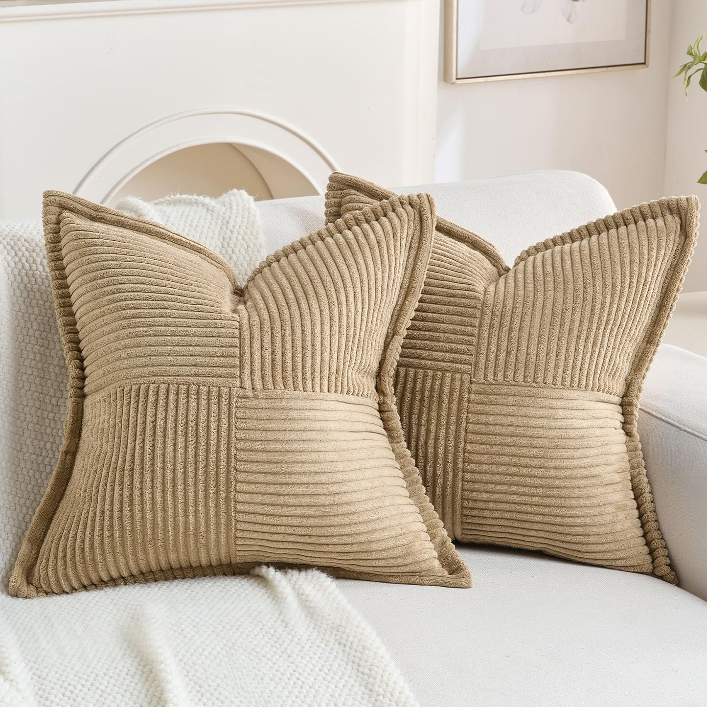 HAUSSY Pack of 2 Corduroy Throw Pillow Covers26x26 Inch, Rust | Decorative Striped Soft Boho Farmhouse Pillowcases, Machine Washable, Couch Bed Sofa Living Room Home Decor, No Insert BST202
