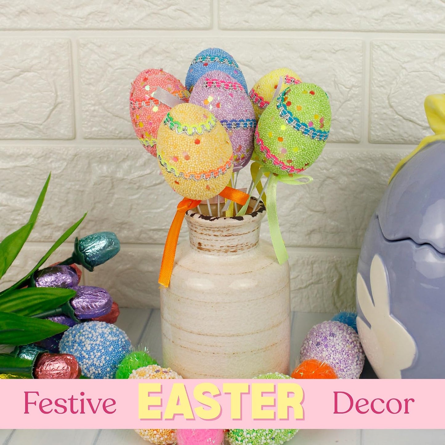 Artificial Easter Egg Bouquet, Pastel Foam Eggs with Stem, Spring Home Decor or Basket Stuffers, Pack of 12 BST220