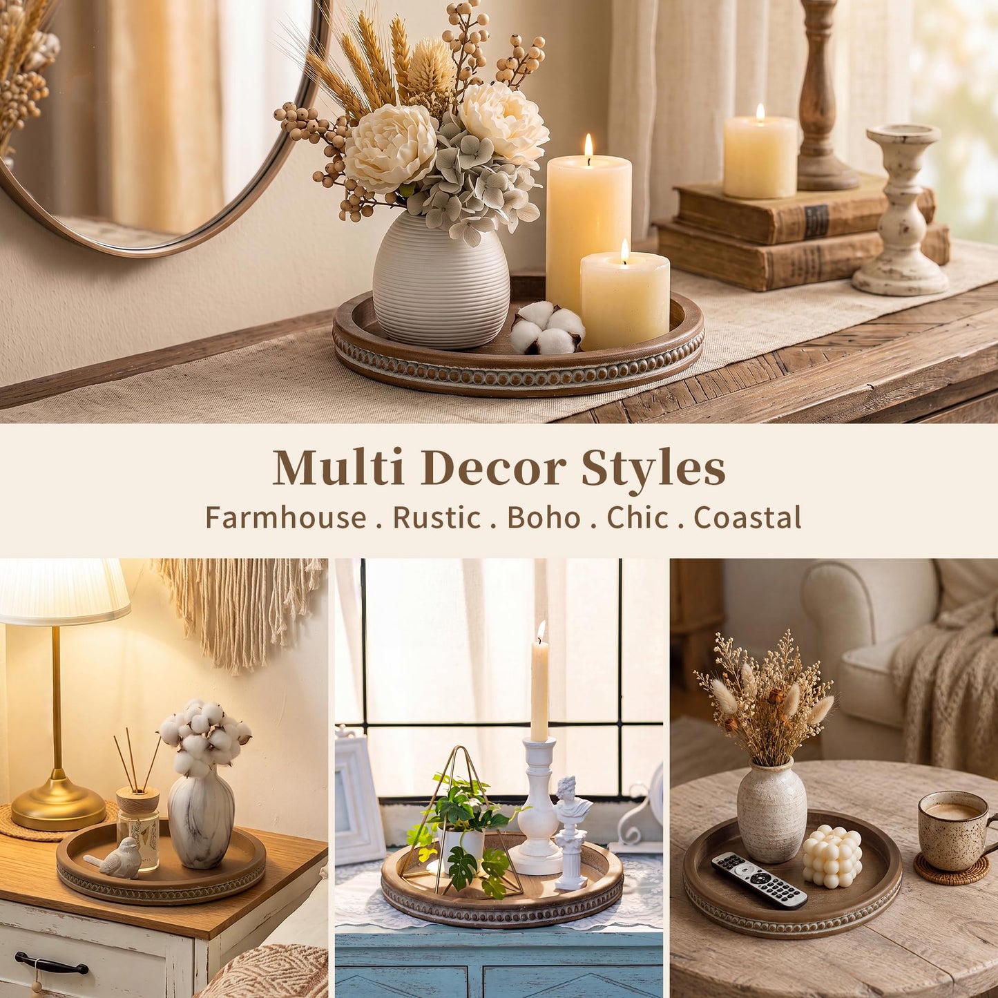 Hanobe Decorative Tray for Coffee Table: 10.5-Inch Round Whitewashed Wood Tray for Rustic Farmhouse Living Room Kitchen Island Entryway Home Decor BST326H