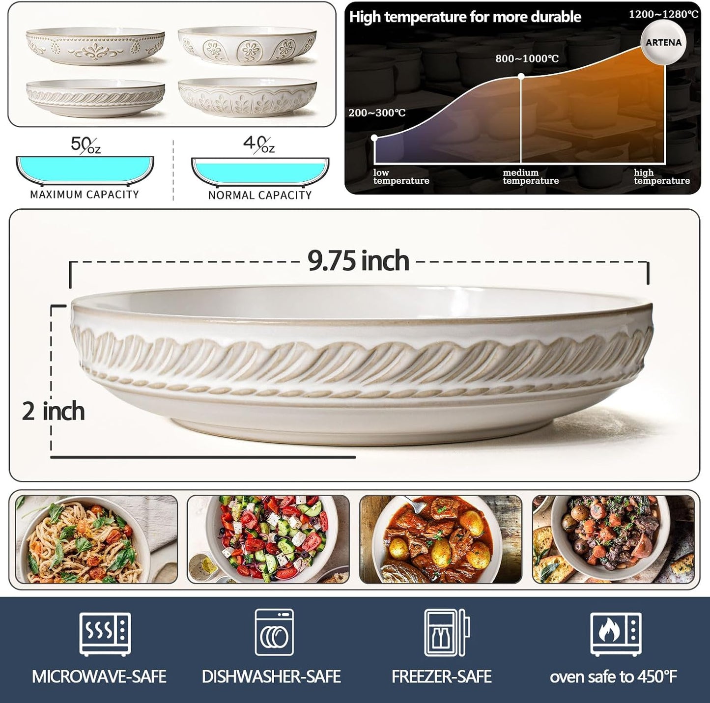 Artena Pasta Bowls, 50oz Large Salad Serving Bowls, 9.75'' Plates Bowls Set of 4, Big White Ceramic Soup Bowls for Kitchen, Embossment Shallow Dinner Bowl, Microwave Dishwasher Safe, Willow Leaf BST326H