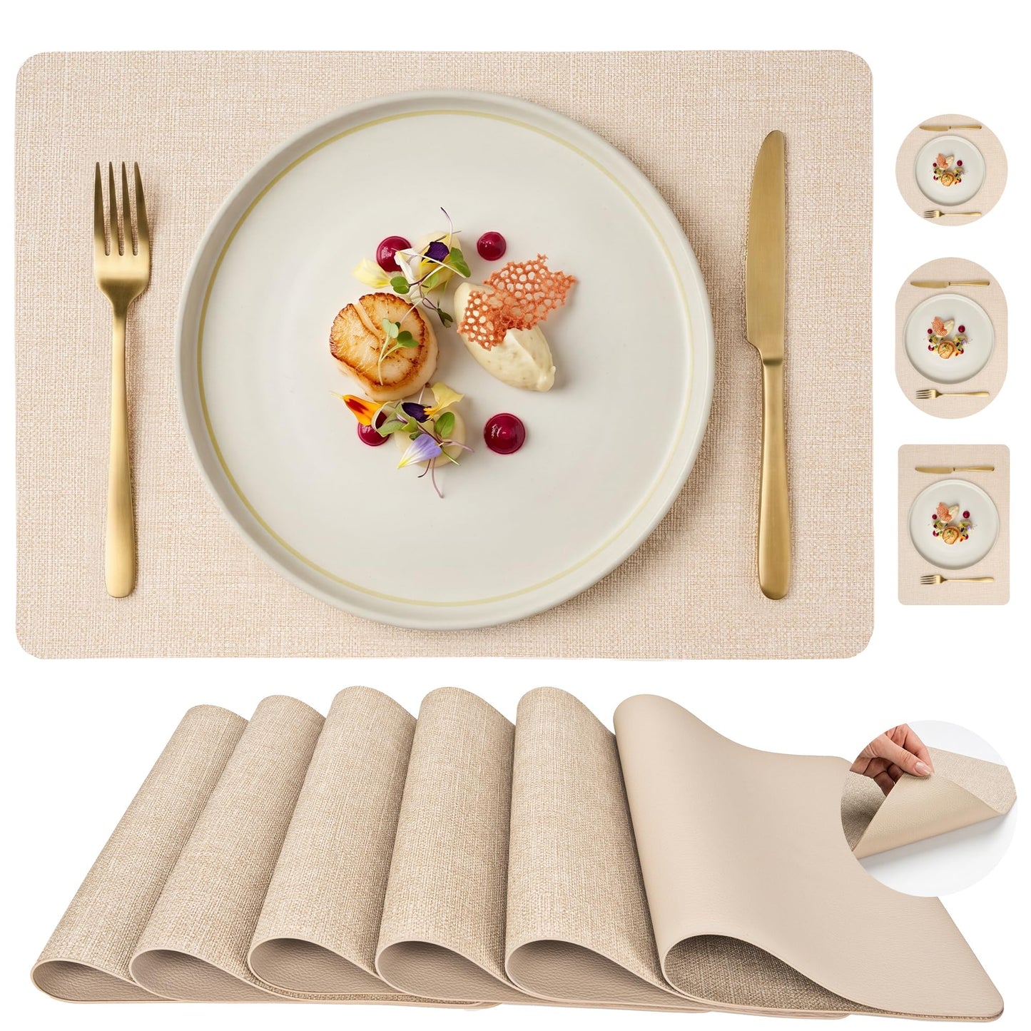 Faux Leather Placemats Set of 6, Wipeable Waterproof Stain Resistant Table Mats, Heat Resistant Thick Placemats with Hand-Painted Edges for Kitchen Dining, Imitative Linen Texture, Various Shapes BST326H
