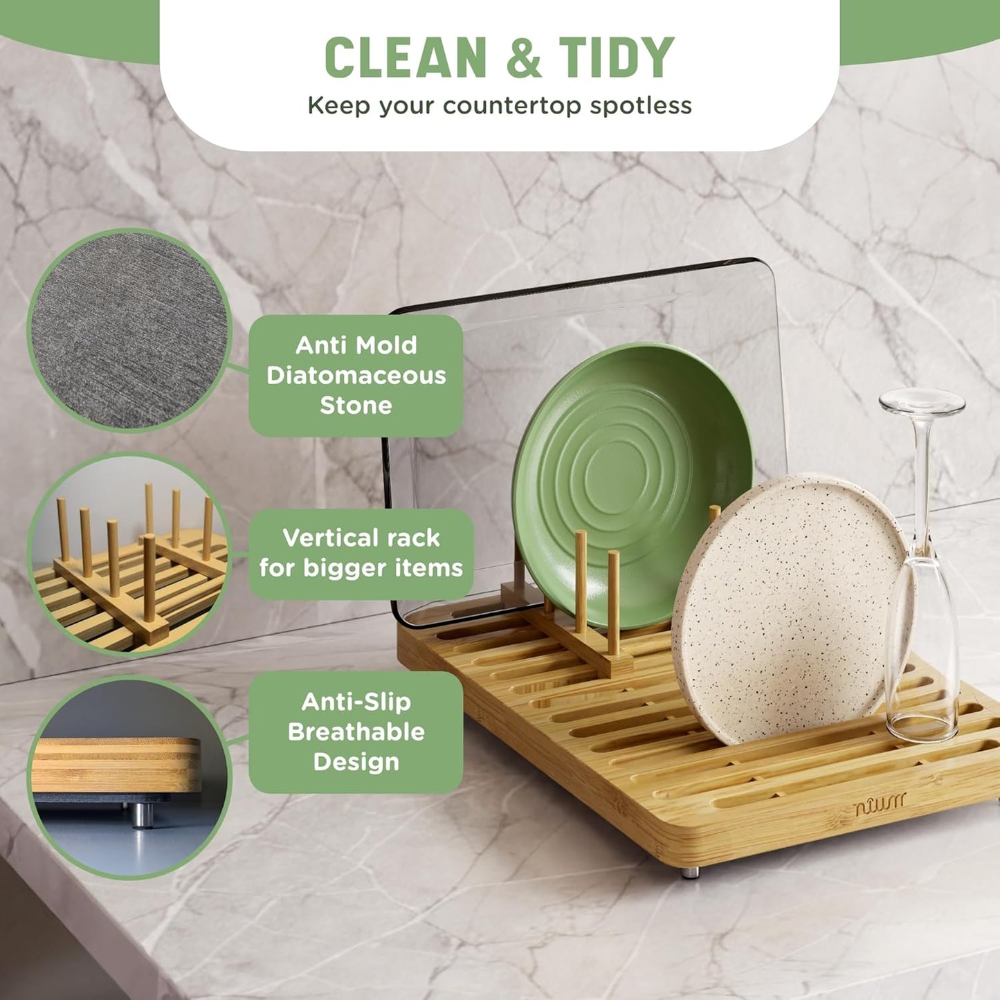 NIUM Stone Drying Mat for Kitchen Counter & Bamboo Rack 98