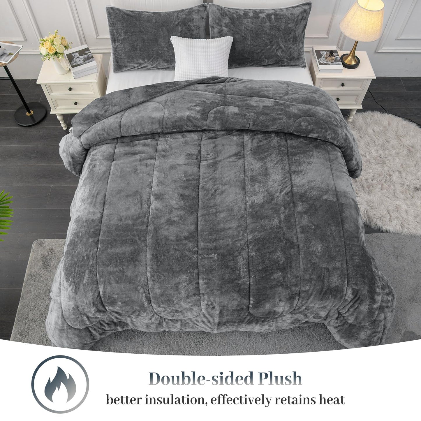 YIYEA Fluffy Queen Size Comforter Set, Luxury Faux Fur Comforter, Ultra Soft Plush Fuzzy Velvet Bedding Comforter Sets for Fall Winter, Cozy Warmth, No Shedding, 3PC, Queen, Light Grey BST326H