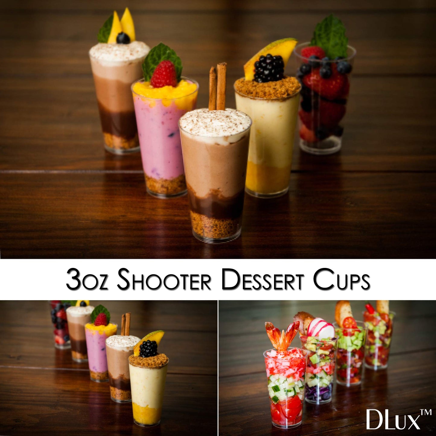 DLux 100 x 3 oz Mini Dessert Cups with Spoons, Shooter - Clear Plastic Parfait Appetizer Cup - Small Reusable Shooter Glass for Tasting Party Shooters Desserts Appetizers - With Recipe Ebook BST220