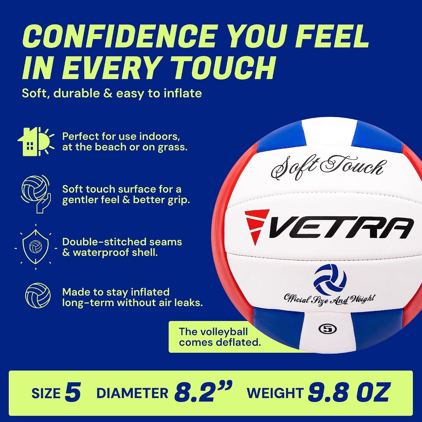 VETRA Premium, Soft Touch Volleyball, Official Size 5, Super Soft Volleyball Training Equipment for Professional & Recreational Use Practice, Sports & Outdoor, Women & Men WN420