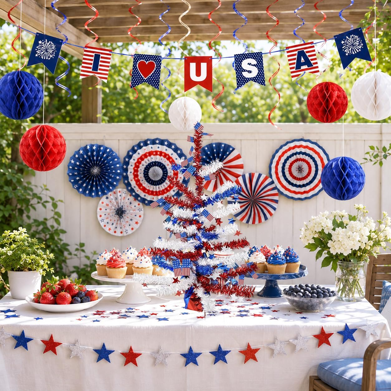 4th of July Table Centerpiece Decoration - Patriotic Tree for Tables Metallic Foil Spray Star Burst Independence Day Party Dining Home Memorial Day Supplies BST202
