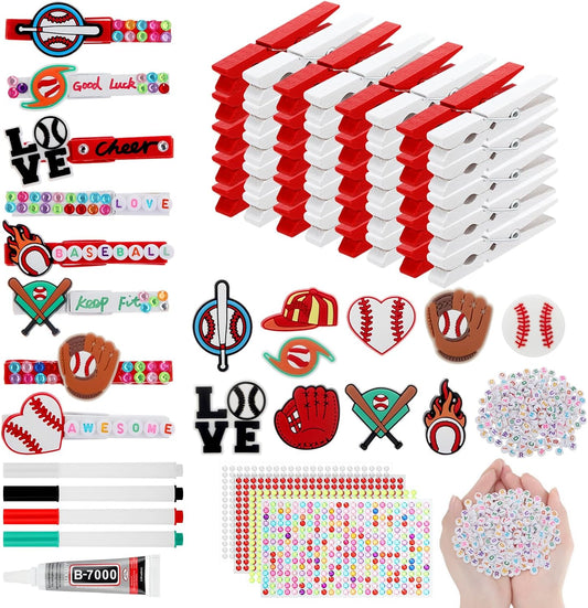 Amyhill 60 Sets Baseball Cheer Pins Wooden DIY Spirit Clips Clothes Pins with 260 Alphabet Beads 4 Rhinestone Stickers 4 Markers 9 ml Glue 60 Baseball Stickers for Cheerleaders Gifts Backpacks Decor BST326H