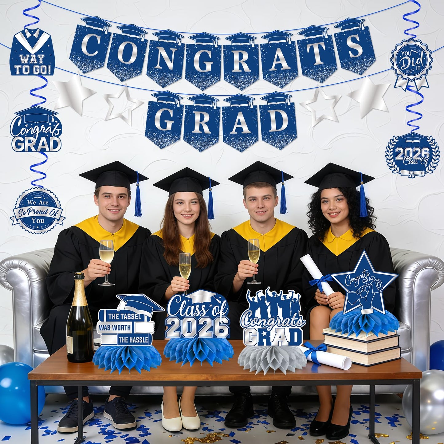 Graduation Decorations 2026, Class of 2026 Graduation Party Decorations Set, Congrats Grad Banner, Hanging Swirls & Table Centerpiece Decorations, Black and Gold Graduation Decor for Home School Party BST326L