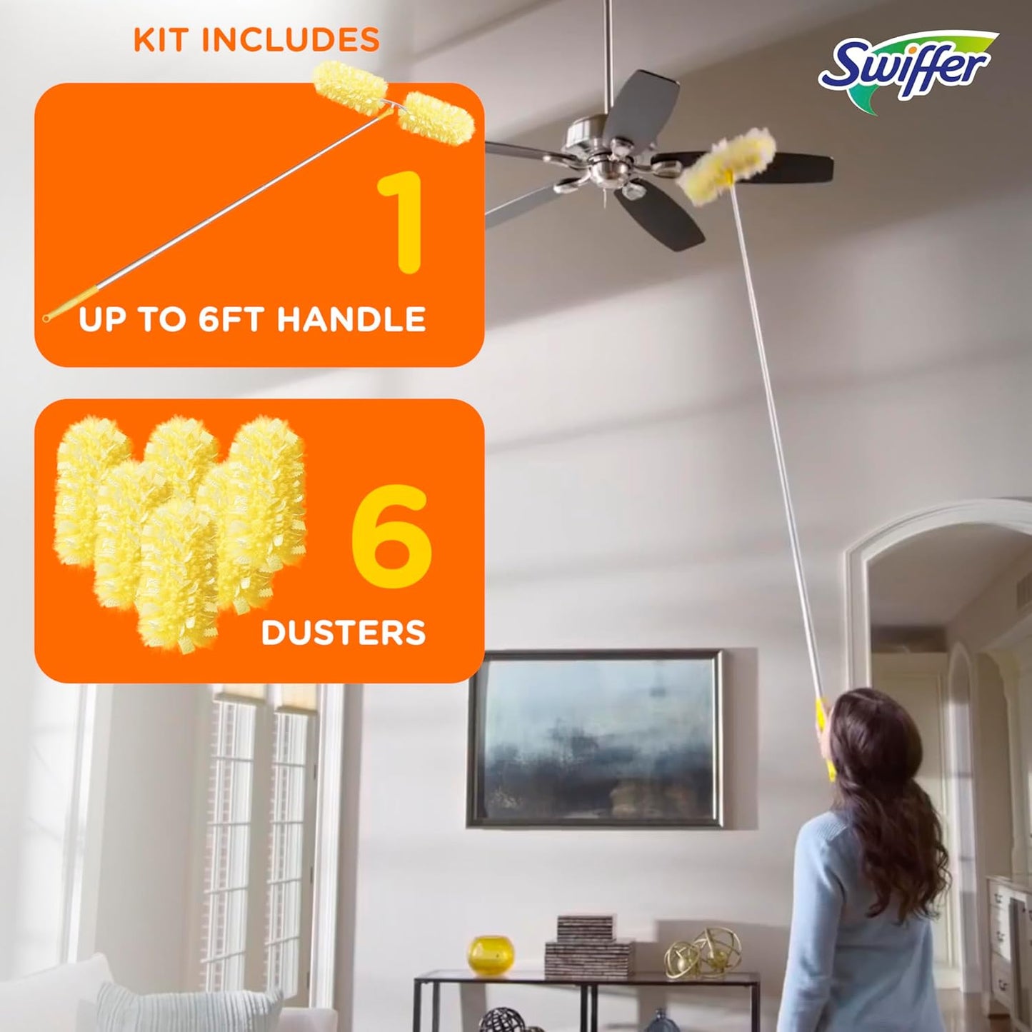 Swiffer Ceiling Fan Duster Super Extender Handle Starter Kit, 6 Heavy Duty Refills