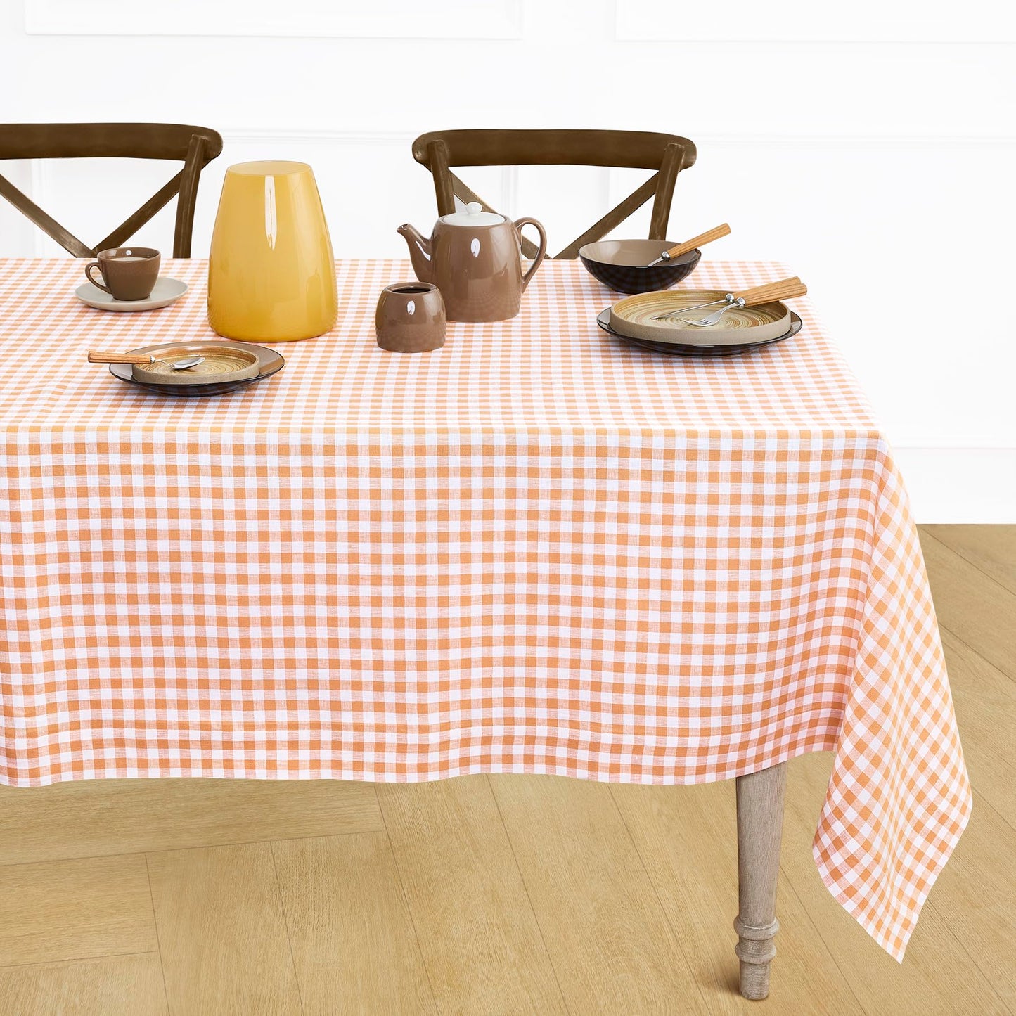 Solino Home 100% Linen Table Cloth, Throw Apricot, Gingham Check 52 x 52 in | Checkered Linen Tablecloth a neat topper for bistro, card and side tables | checkered weave | Pure Linen | OEKO-TEX Certified BST326SOLH