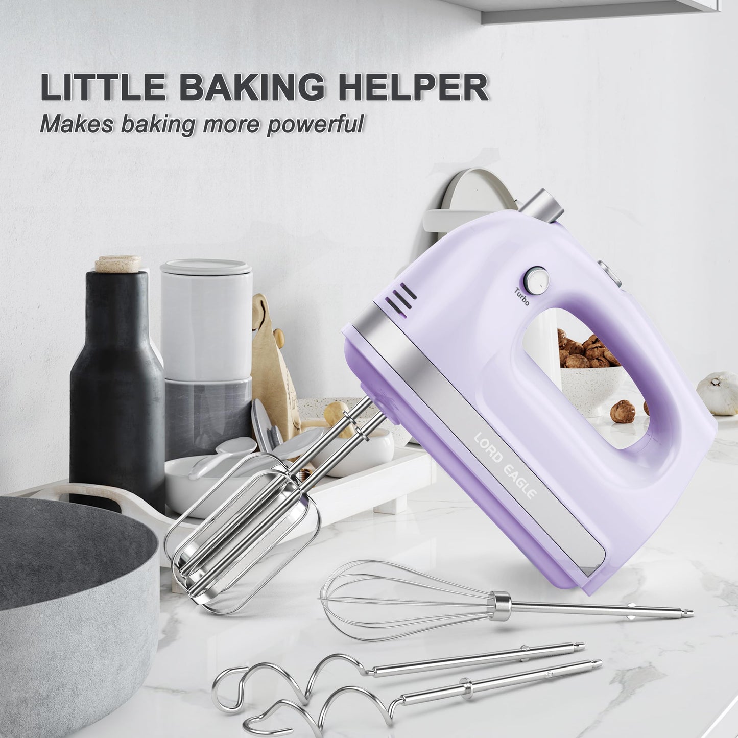Lord Eagle Hand Mixer Electric Handheld 400W, 5-Speed Lightweight Kitchen Mixer with Storage Case, 5 Stainless Steel Attachments for Baking Cake Egg Cream Food Beater, Turbo+Eject Button, Pink