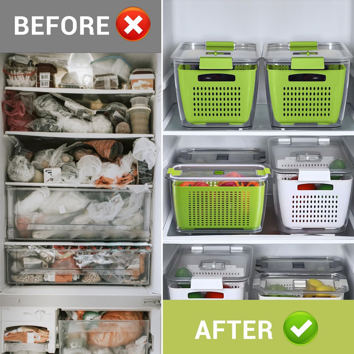LUXEAR 4 Pack Fruit Vegetable Containers for Fridge, Produce Saver Container with Lids &Removable Colander BPA-free Refrigerator Storage Organizer for Fruit Vegetable, Berry, Meat keep Fresh Longer DD1210