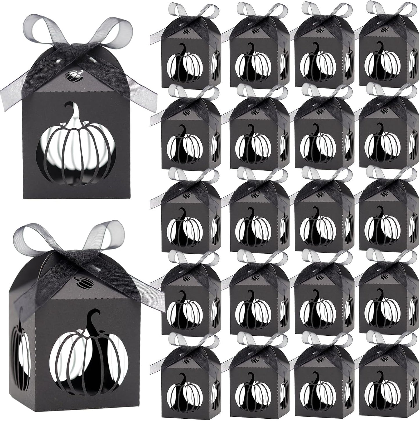Ncozwo 20 Pcs Black Halloween Party Treat Boxes Pumpkin Candy Cookies Gift Box Hollowed-out Pumpkin Favor Boxes Hollow Die-Cut Cardboard Chocolate Container for Birthday Party Supplies Decorations BST220