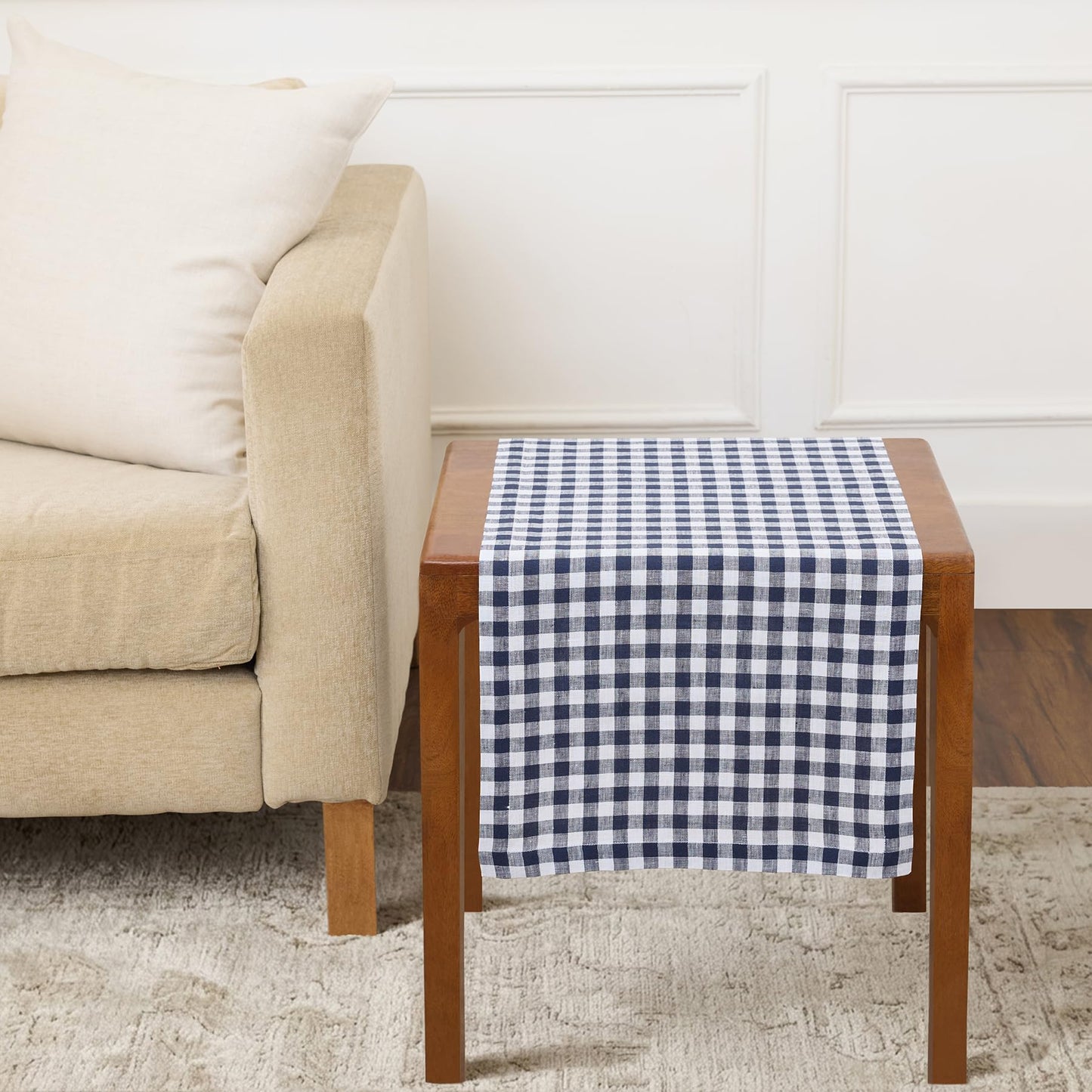 Solino Home 100% Pure Linen Table Runner Apricot, Gingham Check 14 x 36 in | Table Runners for nightstands, end tables, coffee tables and dressers | checkered weave, mitered corners | OEKO-TEX Certified BST326SOLH