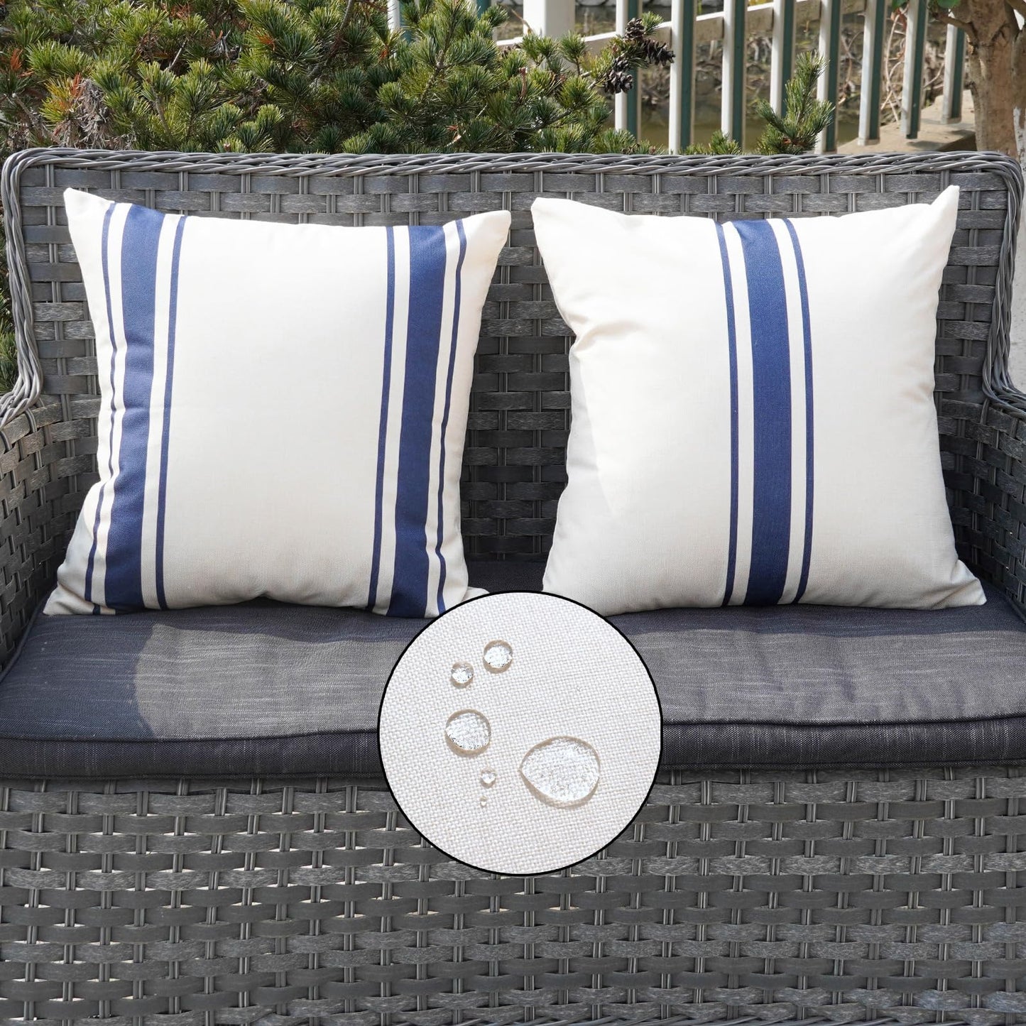 ONWAY Outdoor Pillow Covers Waterproof 18x18 Set of 2 Decorative Linen Throw Pillow Cover Beige and Black Striped Outdoor Pillows for Patio Furniture BST220