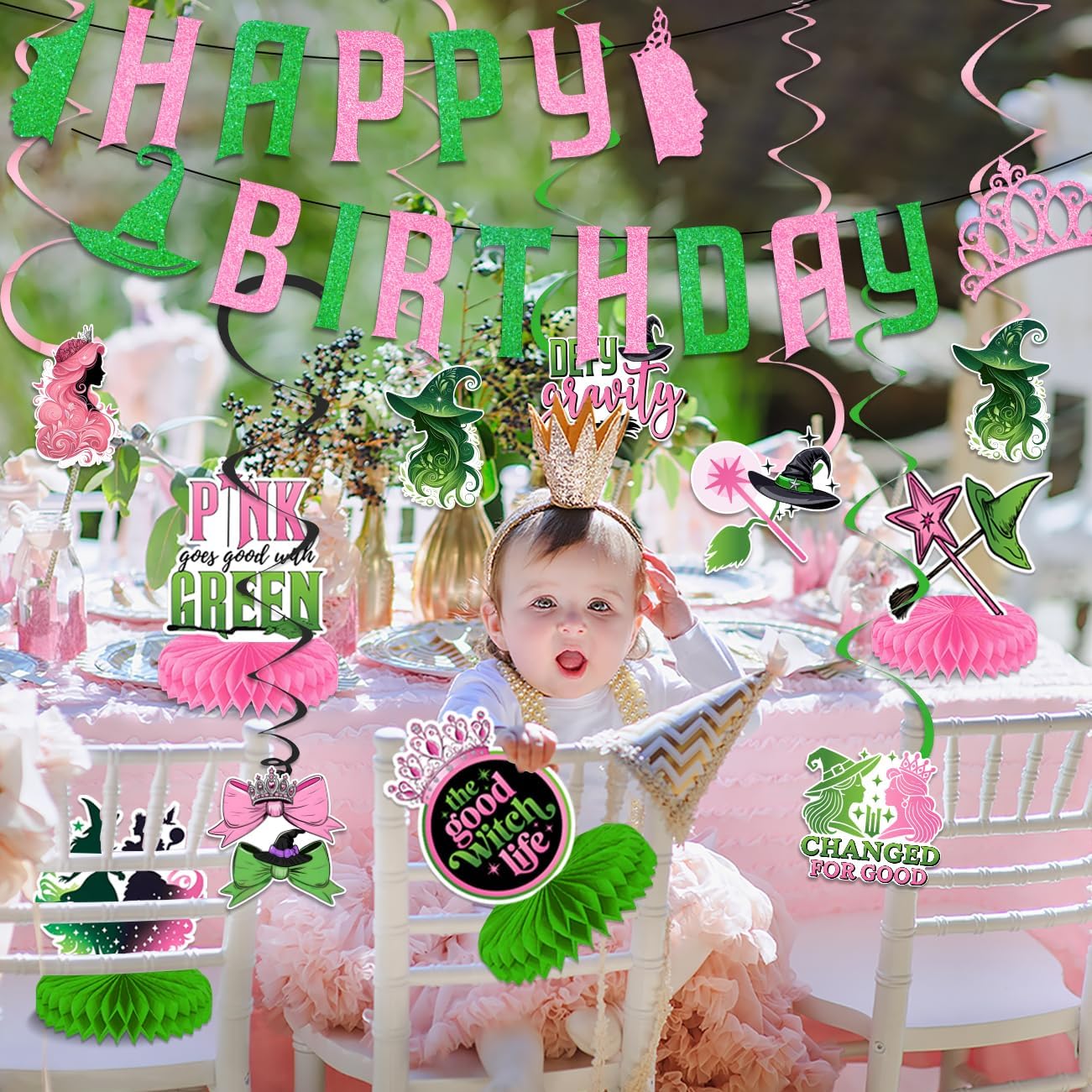 Witch Party Decorations Pink and Green Happy Birthday Banner Hanging Swirls and Honeycomb Centerpieces Witch Theme Party Decorations for Girls Women Birthday Party Supplies BST220