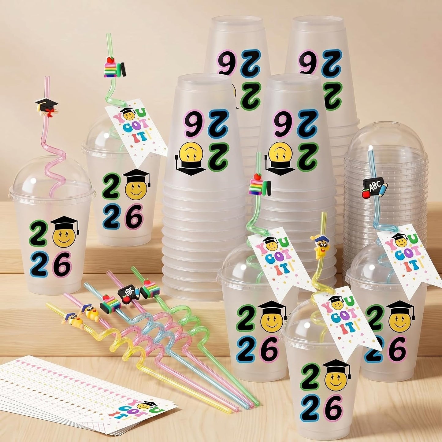 Domensi 24 Sets Graduation Plastic Cups with Lids Spiral Straws Tag Card Class of 2026 Congrats Grad Drinking Mugs 16 oz Gifts Tumbler for Preschool Middle School Graduation Party Favor BST220