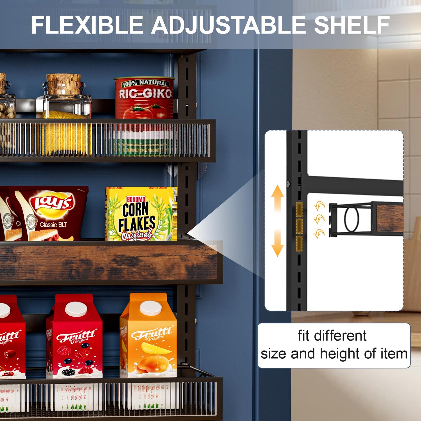 6 Tier Pantry Door Organizer Spice Rack, 2-IN-1 Wall Mount or Hanging Over Door Seasoning Organizer with Adjustable Baskets, Heavy Duty Behind Door Storage Shelves for Pantry, Cabinet and Kitchen BST220