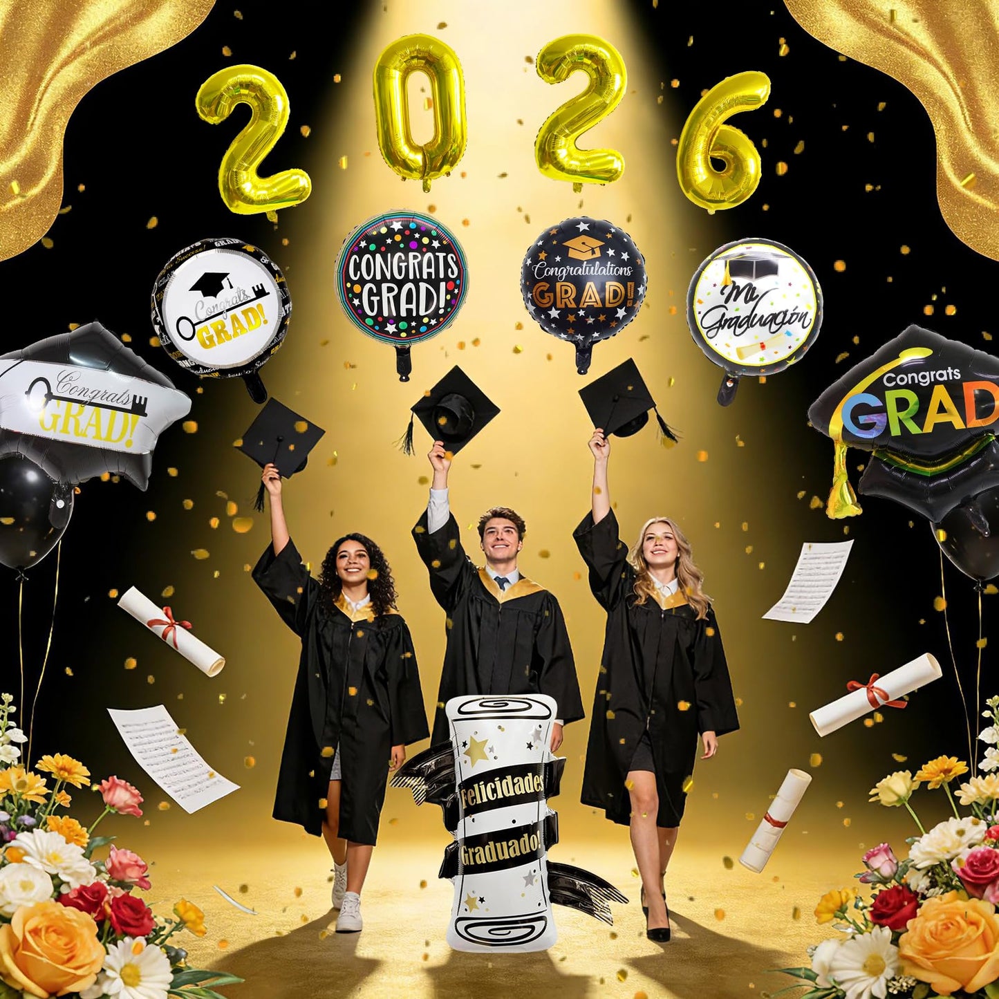 Graduation Balloons Congrats Grad Balloons Gold and Black Balloon for 5th Grade Graduation Decorations Grad Party Decorations 2026 BST326L