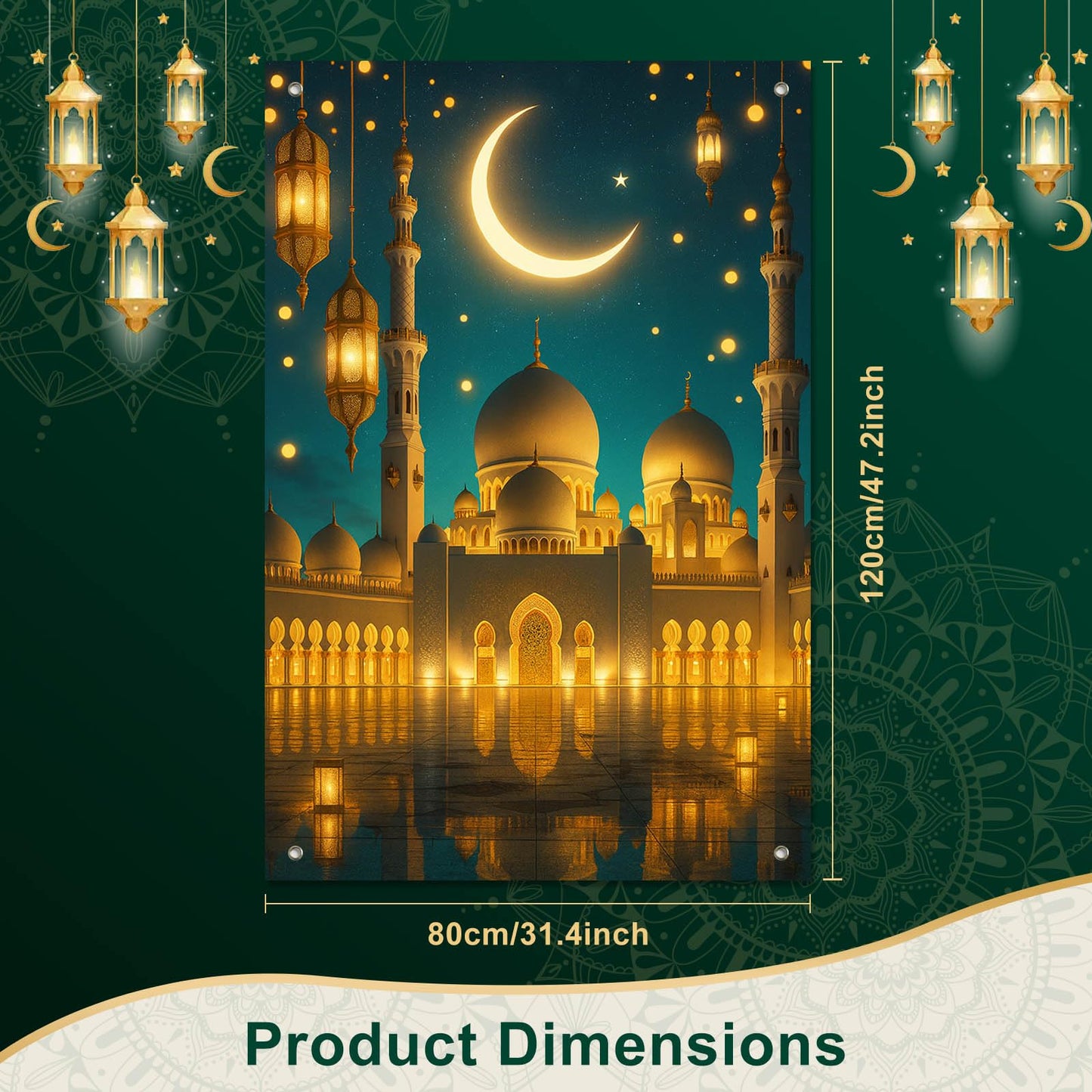 HOMETITUTE Eid Ramadan Window Banner Holiday Curtain Backdrop 31x47 Fabric | Mubarak Cover Festival Screen Windows Banner Hanging Living Room Bedroom Home Crescent Moon Star Pattern Design BST326H