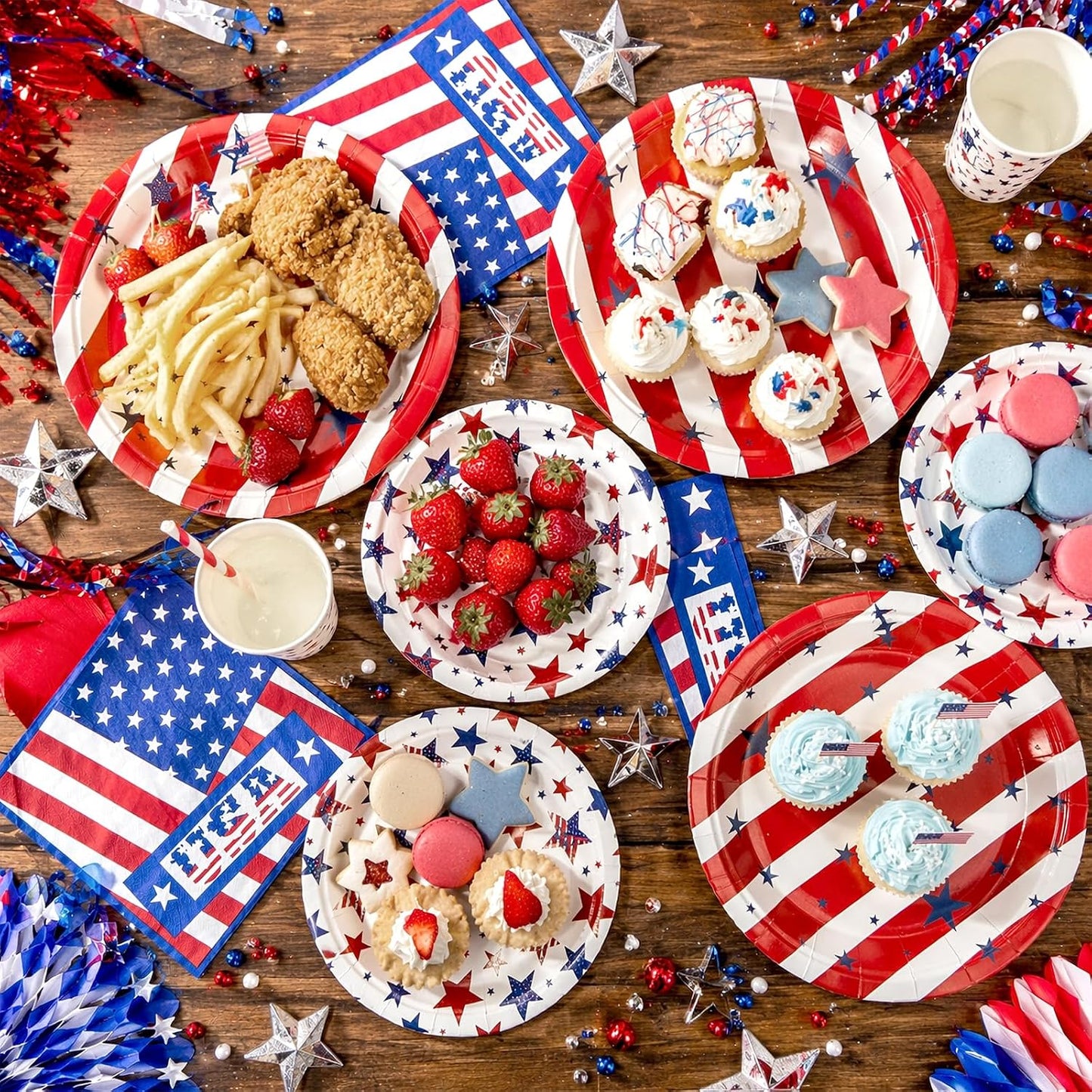4th of July Party Supplies, American Flag Patriotic Decorations | Disposable Paper Plates, Cups, Banner, Tablecloth and Napkins Set, Serve 24 BST202