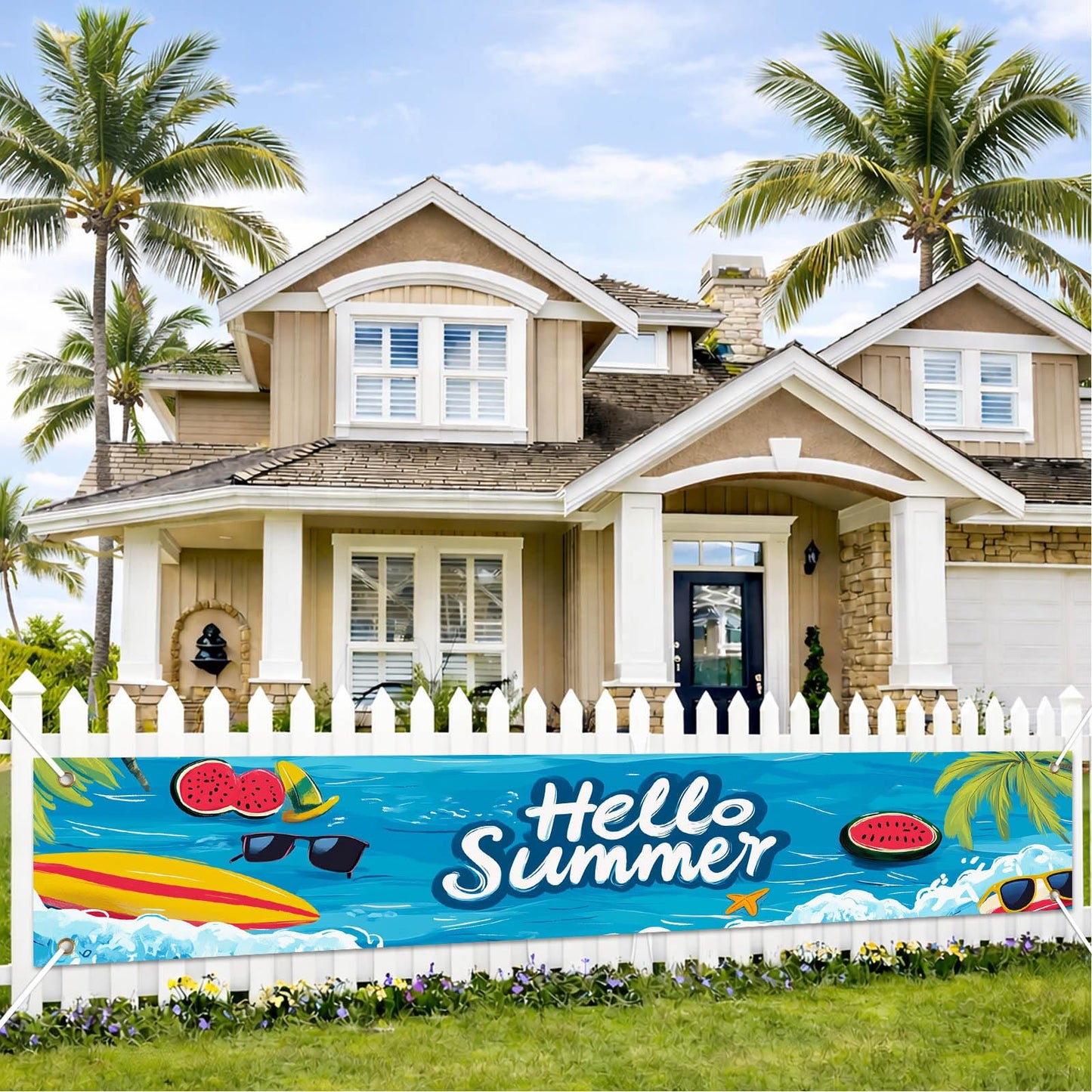 BlissYard Hello Summer Banner 118 x 20 Inch Pool Party Decorations Beach Surfboard Watermelon Tropical Fence Sign Hawaiian Luau Outdoor Backyard Wall Decor BST220