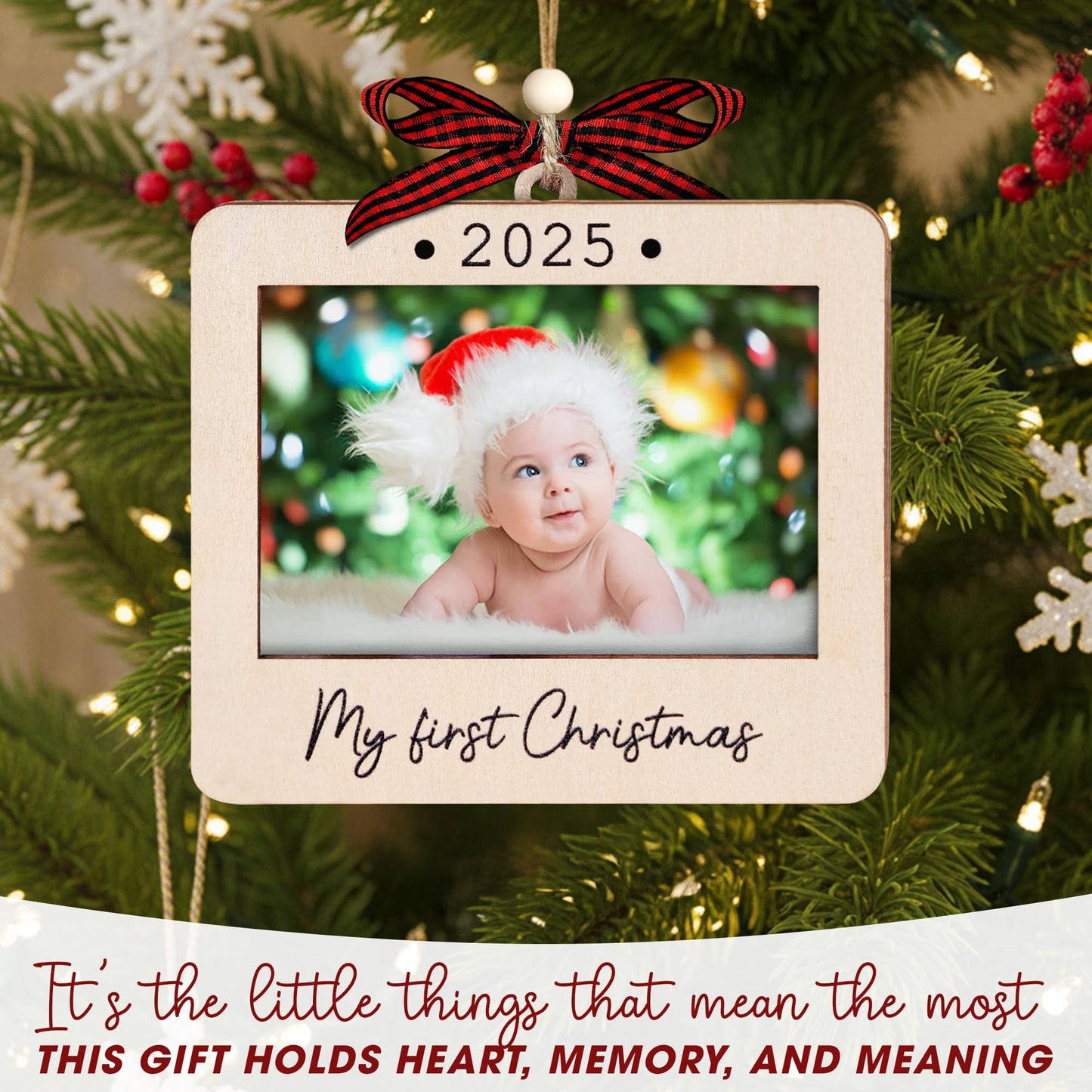 Hangwoous Baby's First Christmas Photo Frame Ornament 2025 | Wooden portrait frame keepsake, first Christmas photo gift for baby BST202