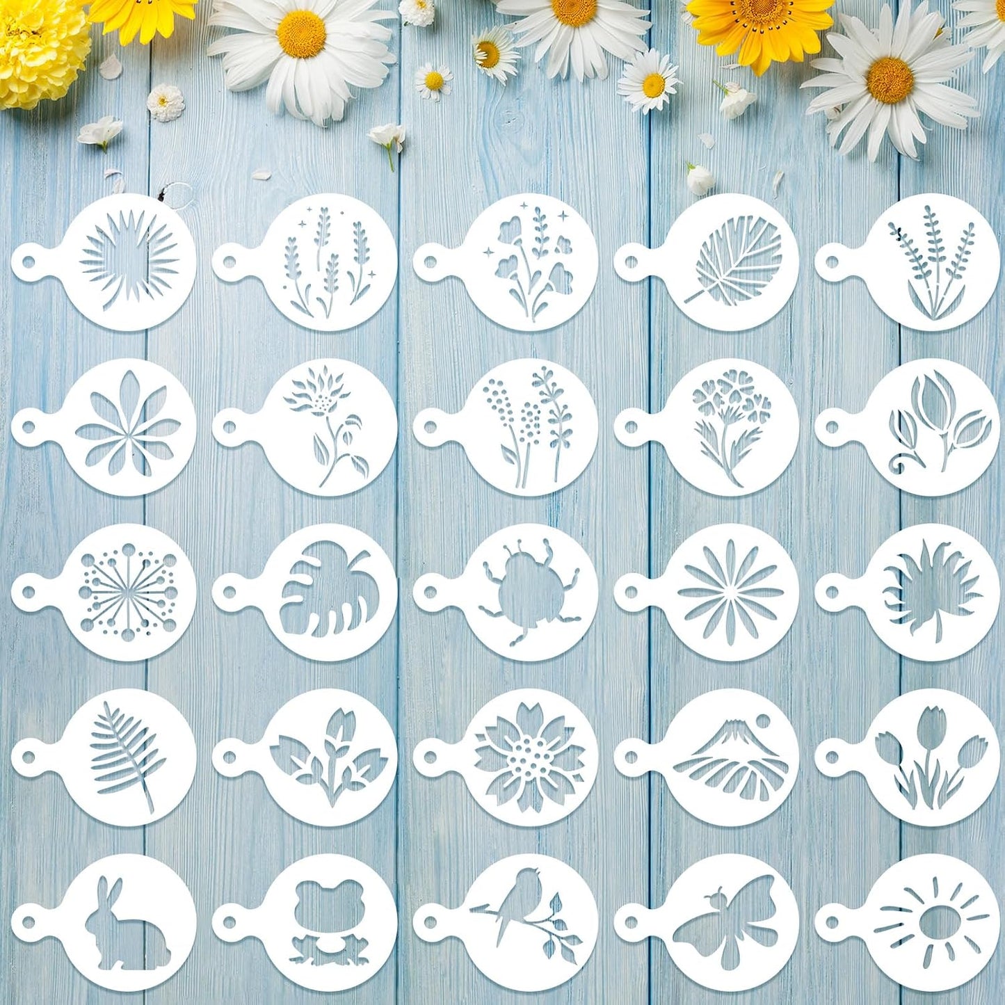 Konsait 20 Pack DIY Coffee Stencils Latte Art Templates for Decorations Reusable Cake Cookie Stencils,Includes Designs for Painting Butterfy, Flowers, Bunny, Bird,Perfect for Party Supplies BST326L