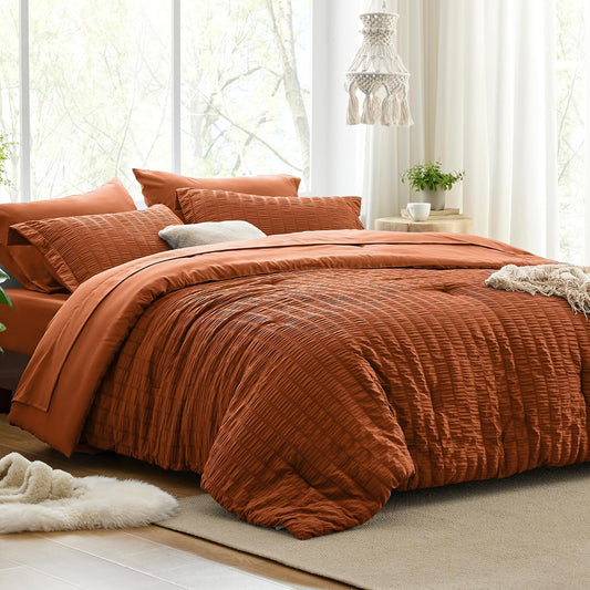 Love's cabin Seersucker Terracotta Twin Comforter Set, 5-Piece All Season Lightweight Bed in a Bag Bedding Set with Comforter, Flat Sheet, Fitted Sheet, Pillowcase and Sham BST326H
