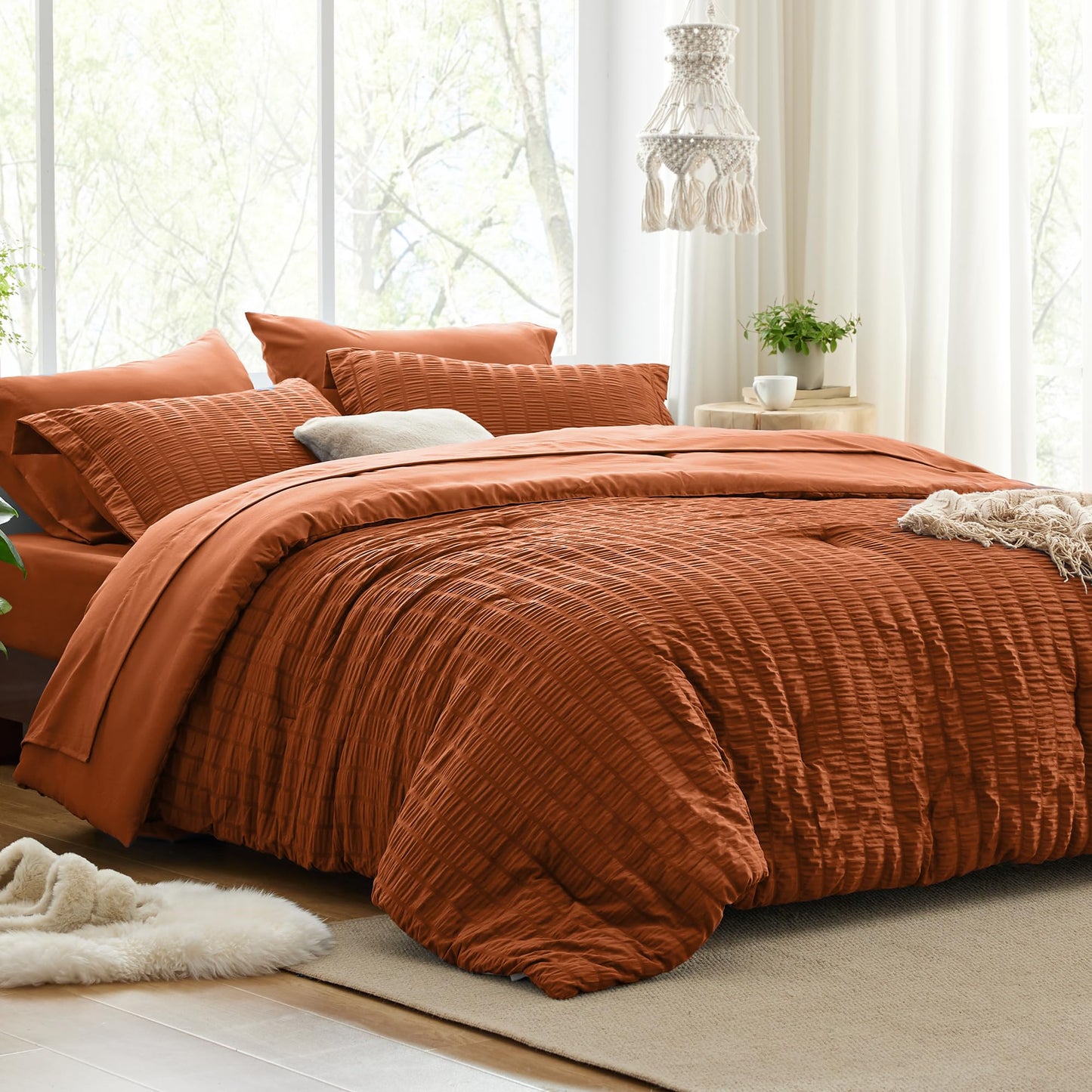 Love's cabin Seersucker Terracotta Twin Comforter Set, 5-Piece All Season Lightweight Bed in a Bag Bedding Set with Comforter, Flat Sheet, Fitted Sheet, Pillowcase and Sham BST326H