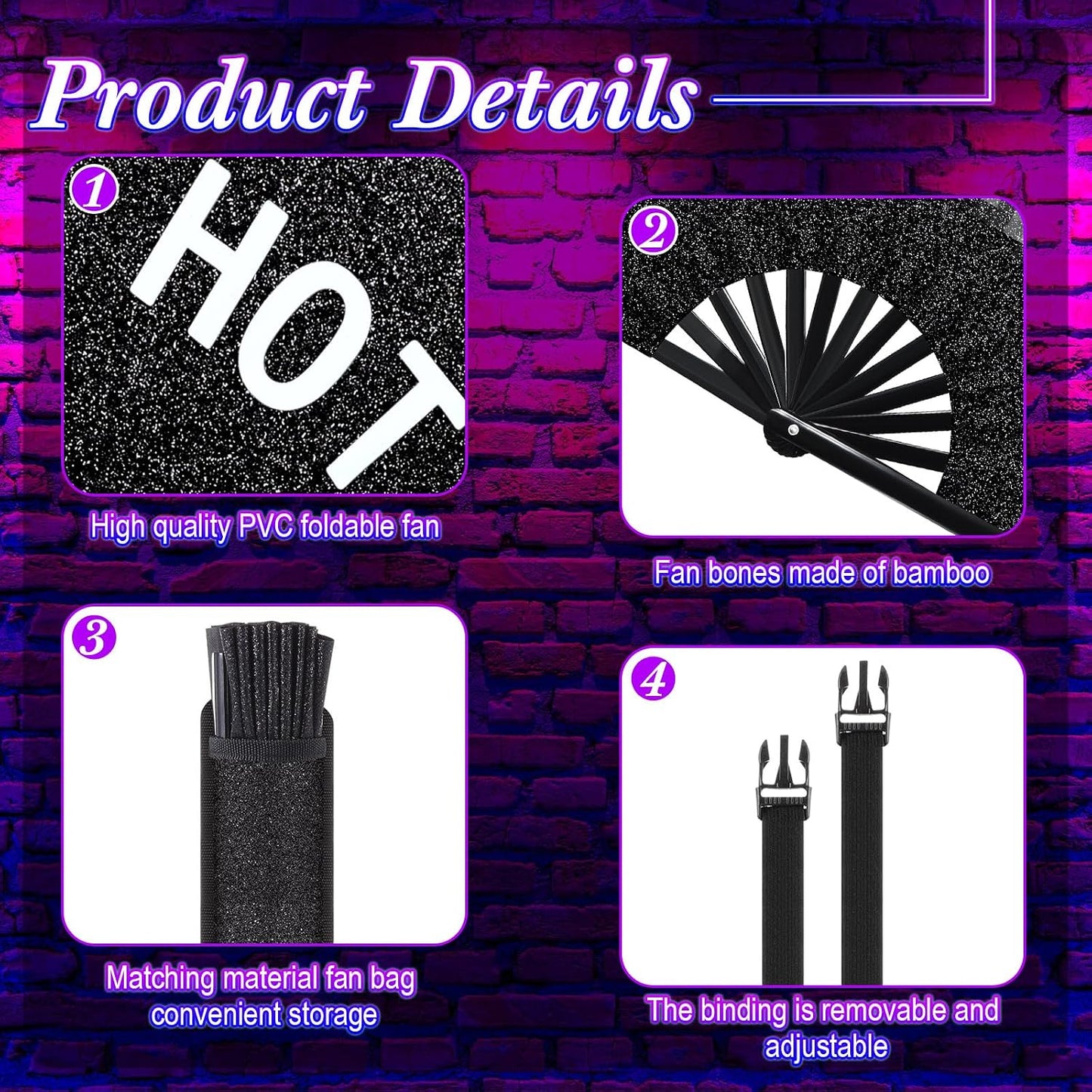 FairySandy Large Rave Fan UV Glow Clack Summer Hand Fan with Thigh Holster for Women Carnival Party Supplies for Carnival Edm Music Festival Club Accessories(Cool Style,Black) WN420