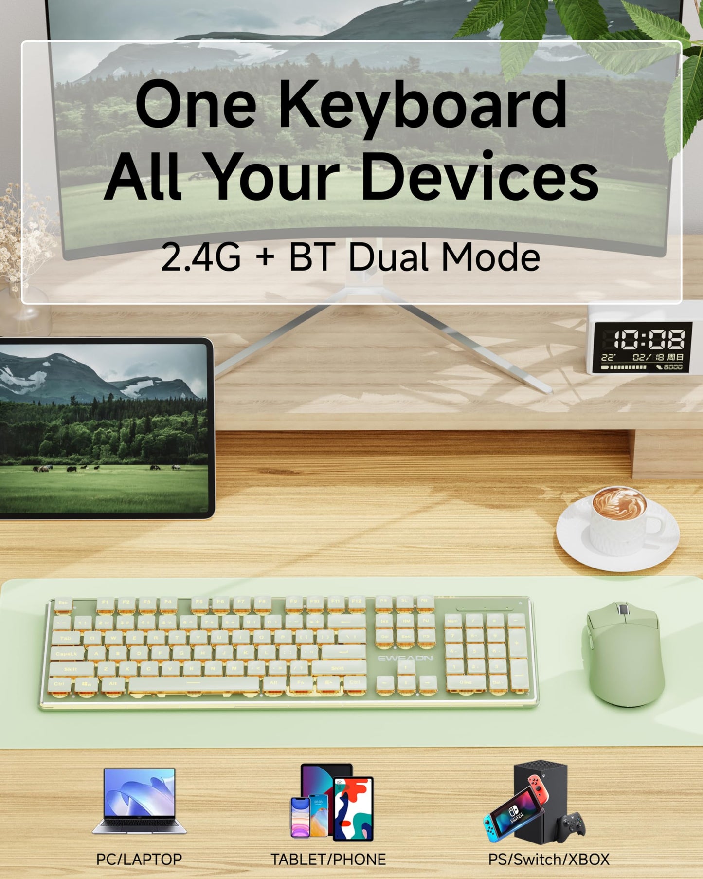 V3 Wireless Keyboard and Mouse with Single Backlit, Metal Panel, Bluetooth/2.4G Rechargeable Computer Keyboard and Mouse Combo Silent Lighted Full Size Cute Keyboards-White