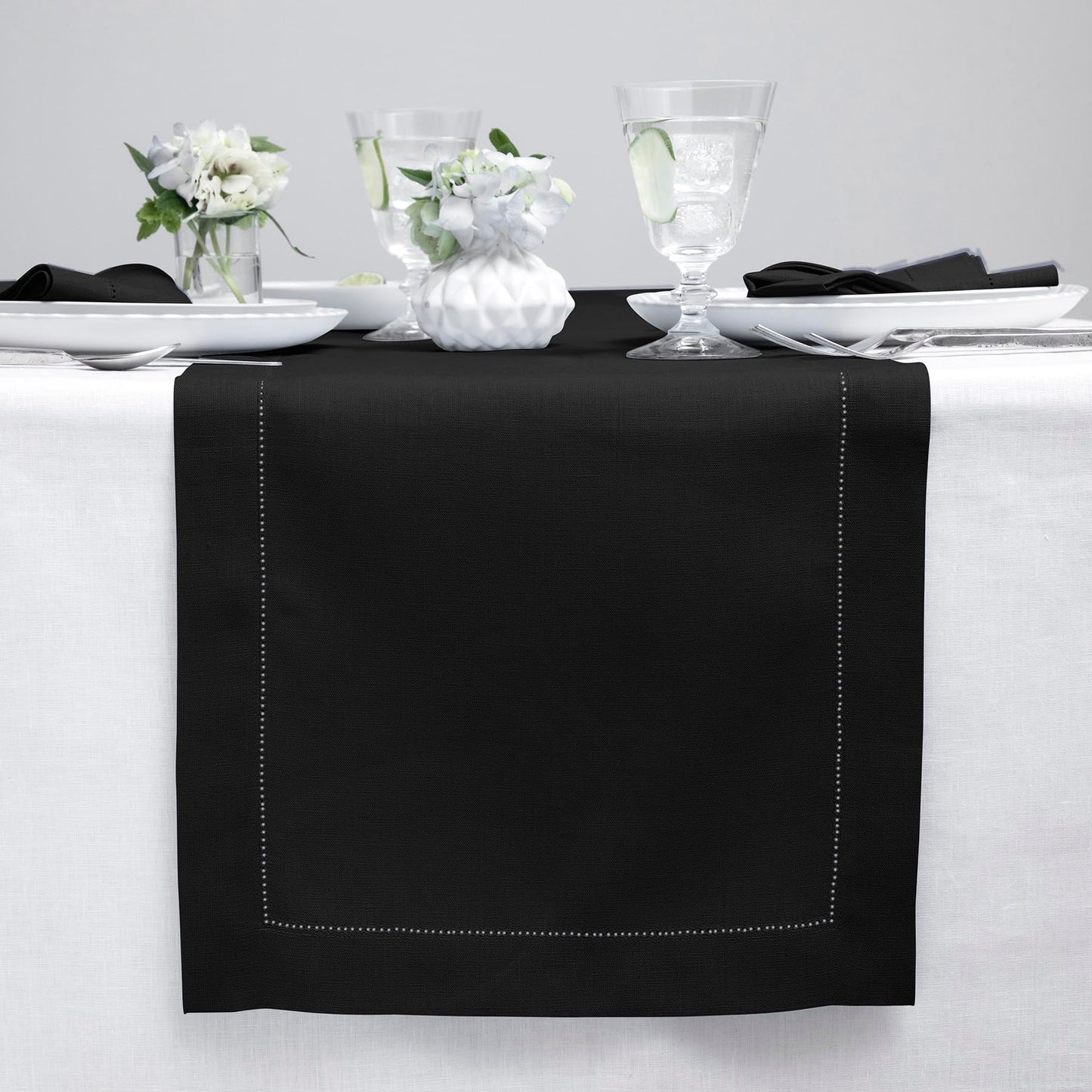 Solino Home 100% Pure Linen Table Runner Garden Green Hemstitch, 14 x 48 in | Classic Hemstitch Table Runners for dining, hallway and console table styling | hand hemstitched borders | OEKO-TEX Certified BST326SOLH