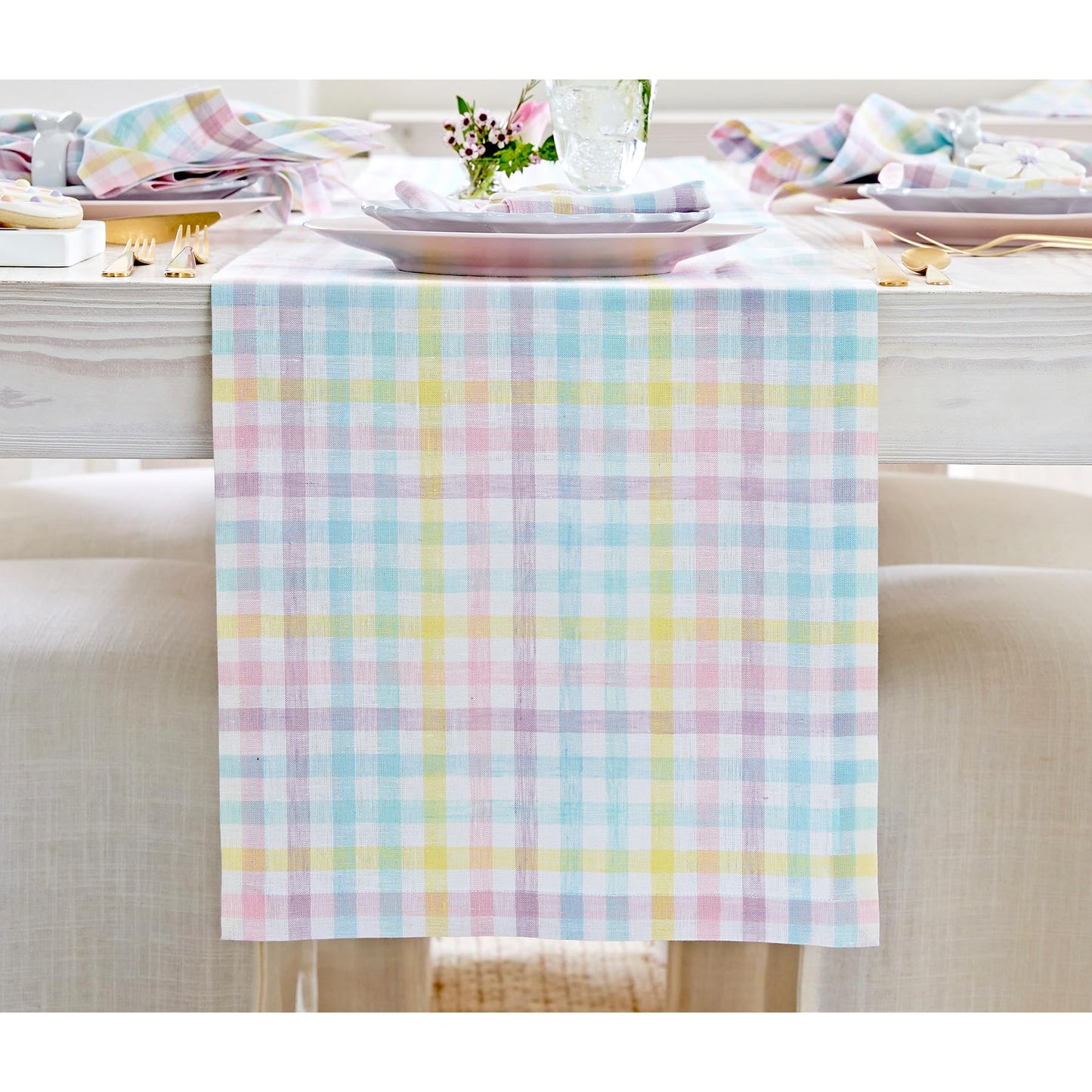 Solino Home 100% Pure Linen Table Runner Apricot, Gingham Check 14 x 36 in | Table Runners for nightstands, end tables, coffee tables and dressers | checkered weave, mitered corners | OEKO-TEX Certified BST326SOLH
