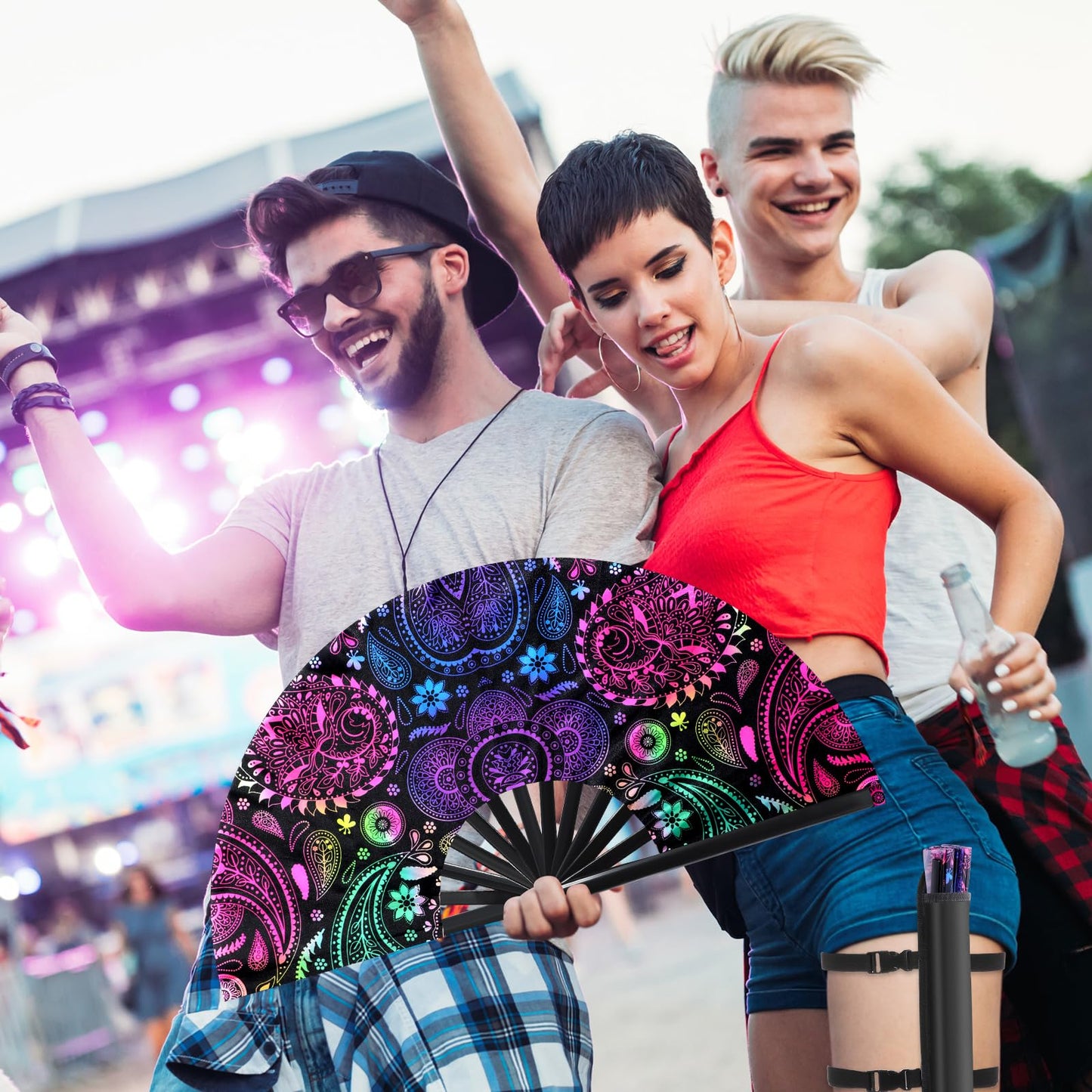 FairySandy Large Rave Fan UV Glow Clack Summer Hand Fan with Thigh Holster for Women Carnival Party Supplies for Carnival Edm Music Festival Club Accessories(Cool Style,Black) WN420