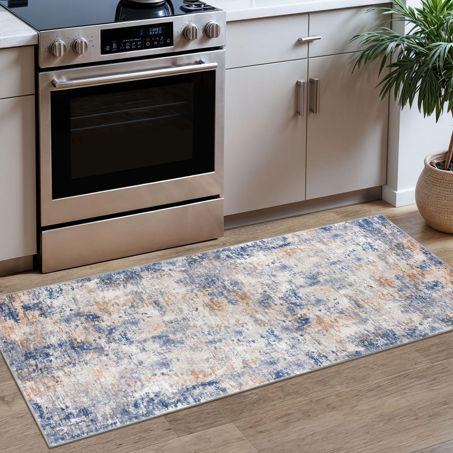 Lansny Modern Abstract Runner - 2x5, Beige Grey Washable Kitchen Entryway Rug Mat Non-Slip Soft Neutral Hallway Rug Thin Print Faux Wool Carpet for Bedroom Laundry Room Indoor BST220