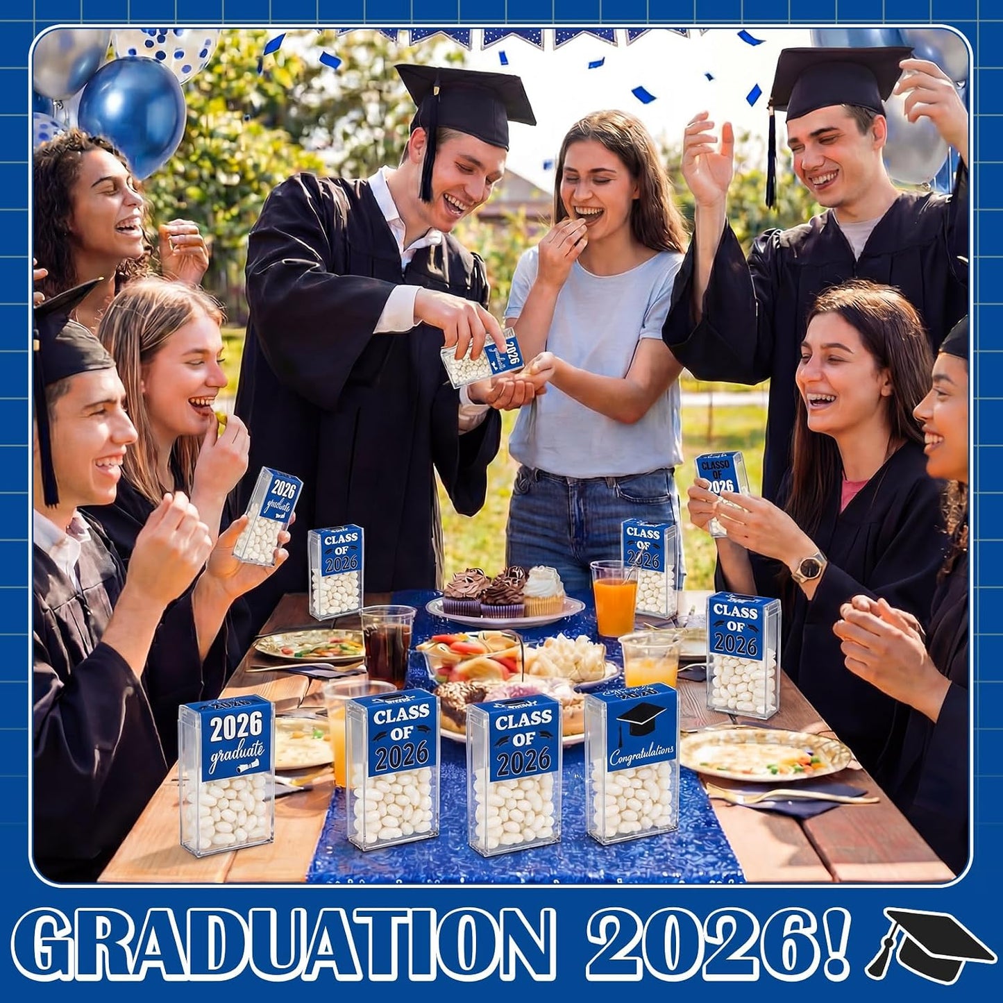 AceOrbit 2026 Graduation Candy Jar Bulk for 24 Guest 3.54 Inch Empty After Dinner Candy Tube Buffet Container Acrylic Box with Sticker for Class of 2026 End of Year Gifts Multi-item Party Favor(Blue) WN420