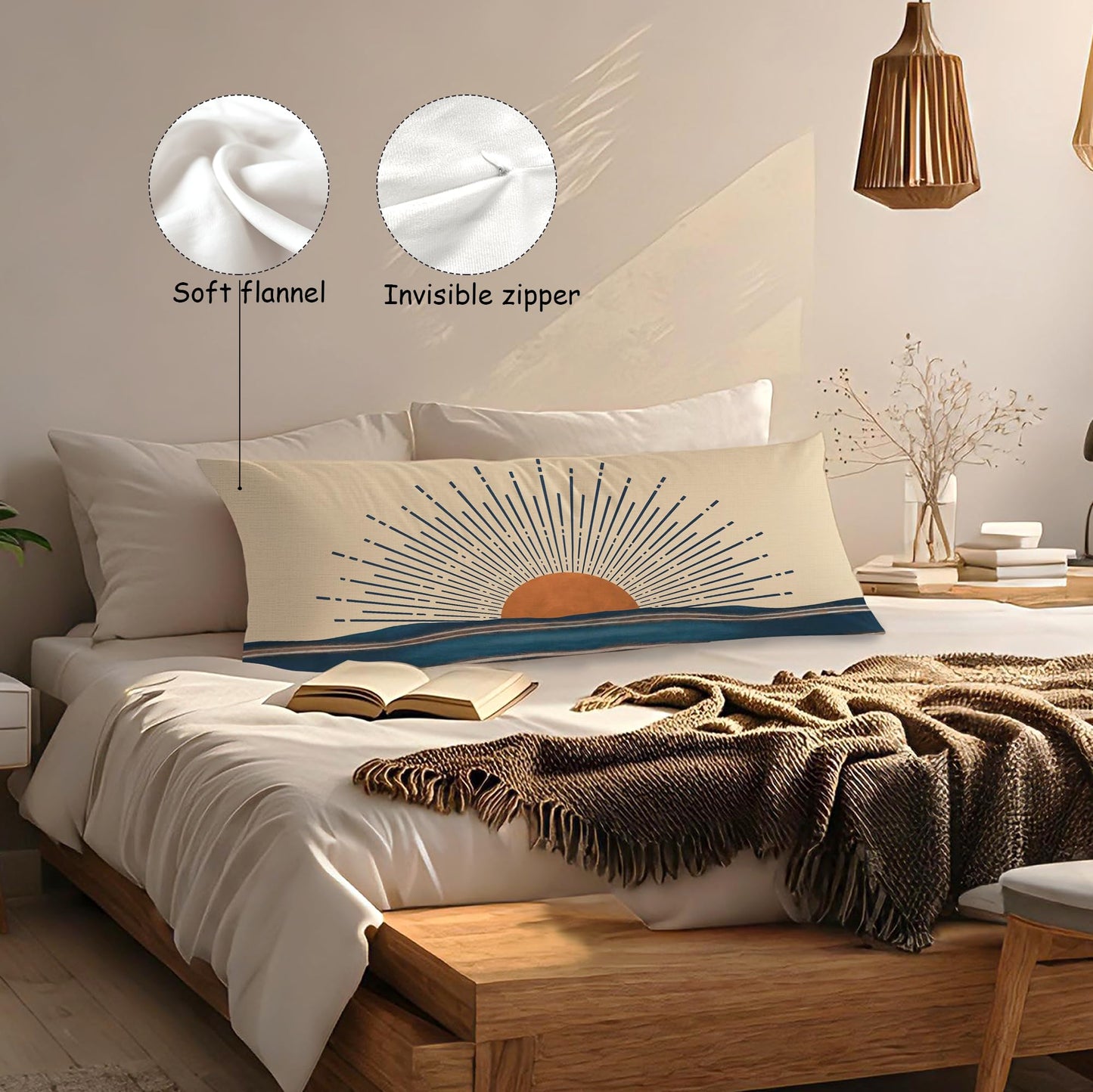 Boho Sun Sunshine 21x54 Body Pillow Cover Case, Modern Neutral Boho Horizontal Sun Sunset Sunrise Decorative Long Hug Pillow Cases for Bed Couch BST220