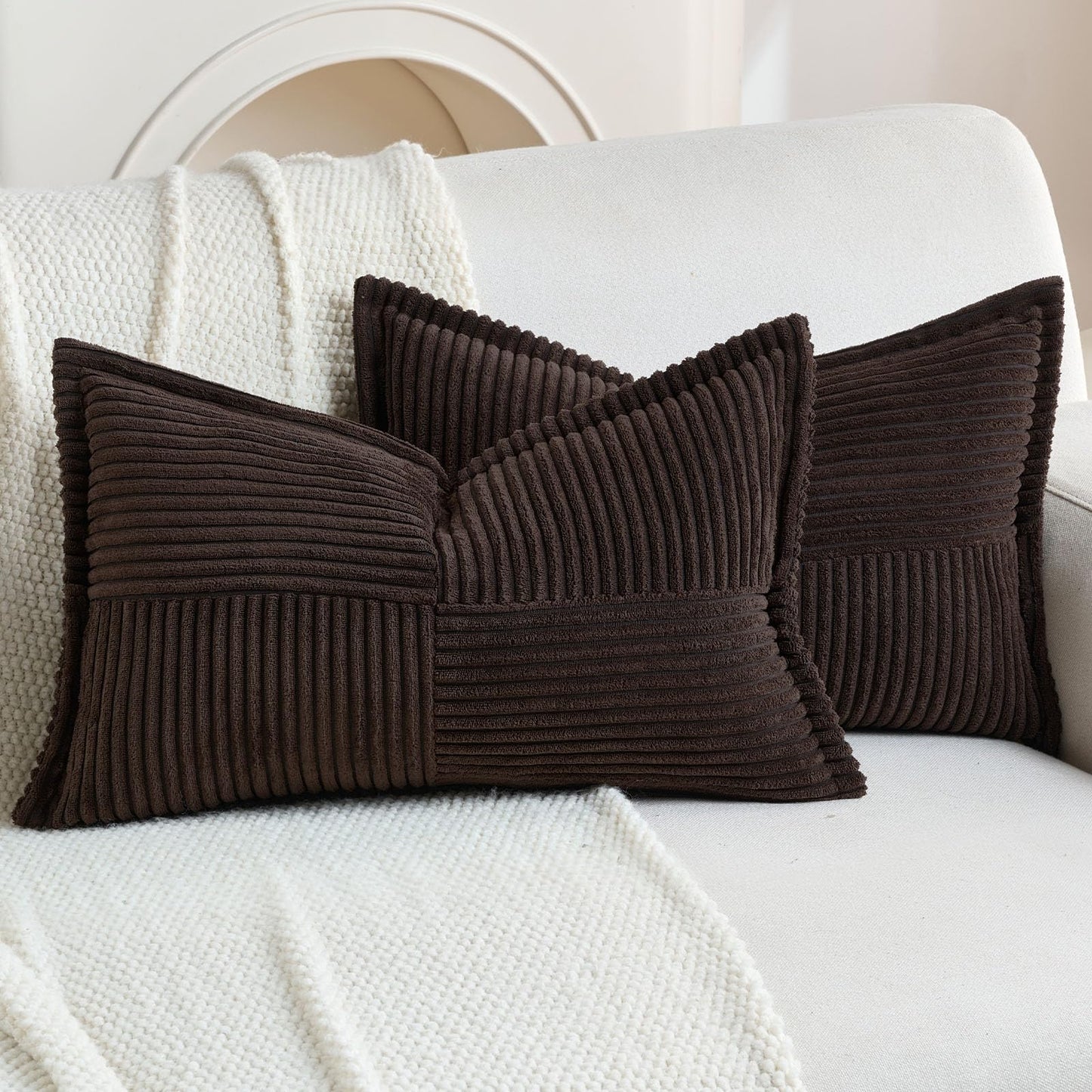 HAUSSY Pack of 2 Corduroy Throw Pillow Covers26x26 Inch, Rust | Decorative Striped Soft Boho Farmhouse Pillowcases, Machine Washable, Couch Bed Sofa Living Room Home Decor, No Insert BST202