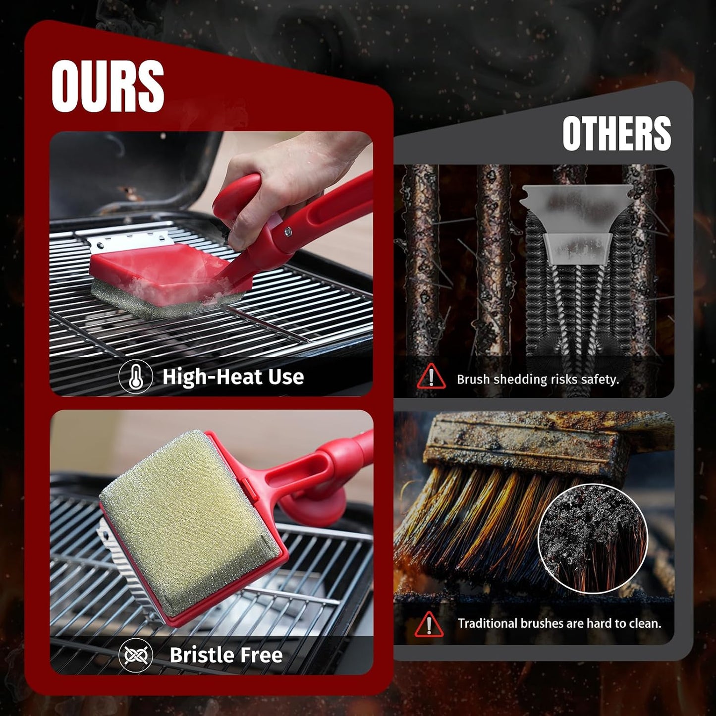 SHINESTAR Grill Brush for Outdoor Grill with 2 Replacement Heads - Cleaning BBQ Grill Brush and Scraper, Grill Brush Bristle Free with Non Metal Bristles, 3-Piece Set for Weber Traeger Grates WN420