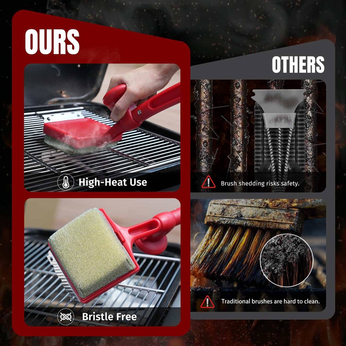 SHINESTAR Grill Brush for Outdoor Grill with 2 Replacement Heads - Cleaning BBQ Grill Brush and Scraper, Grill Brush Bristle Free with Non Metal Bristles, 3-Piece Set for Weber Traeger Grates WN420