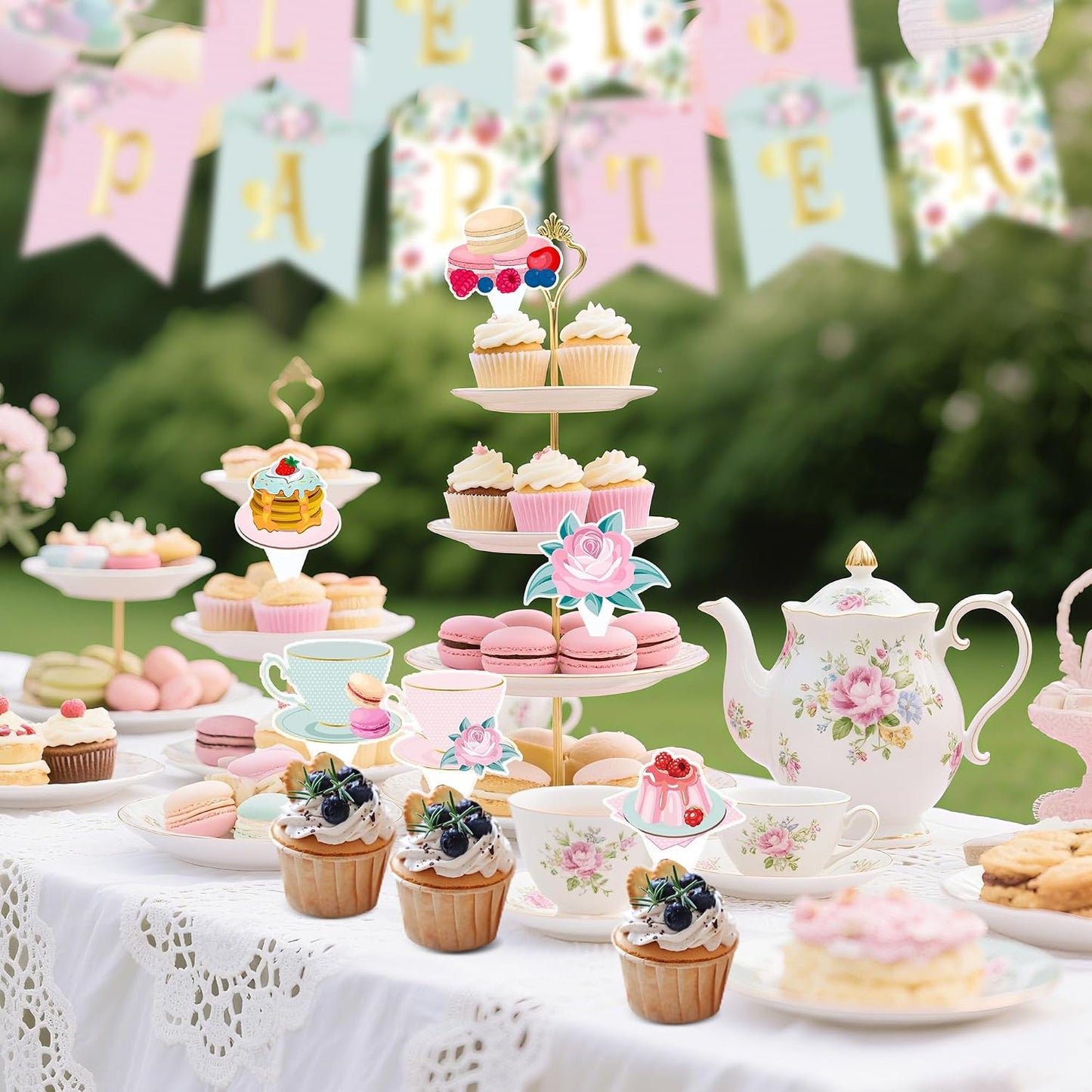 47Pcs Tea Party Decorations Set Floral Garden Party Decor with Balloon Arch, Banner, Cake Toppers, Hanging Swirls for Birthday, Bridal Shower, Baby Shower BST202
