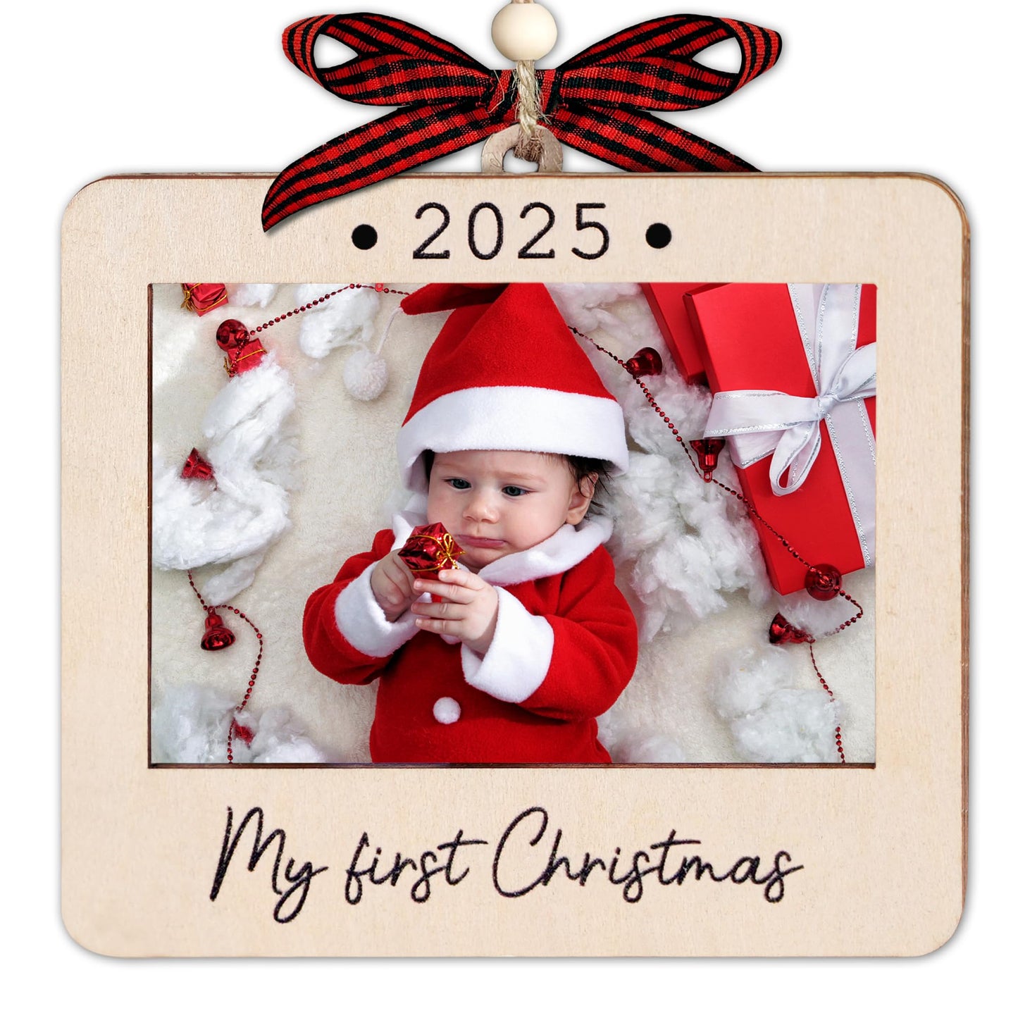 Hangwoous Baby's First Christmas Photo Frame Ornament 2025 | Wooden portrait frame keepsake, first Christmas photo gift for baby BST202