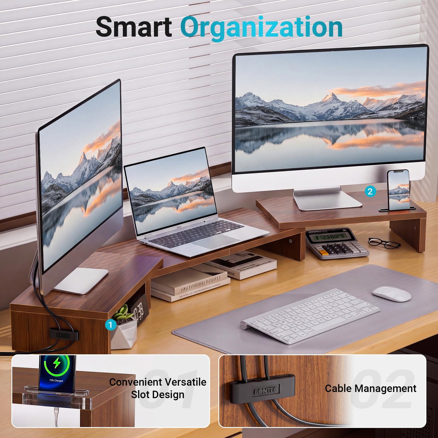BONTEC Dual Monitor Stand Riser, Adjustable Length & Swivel Angle, Pink | Ergonomic Wooden Desktop Organizer with Smartphone Holder, Computer Monitor Stand for PC, Laptop, Printer and Large Storage BST202